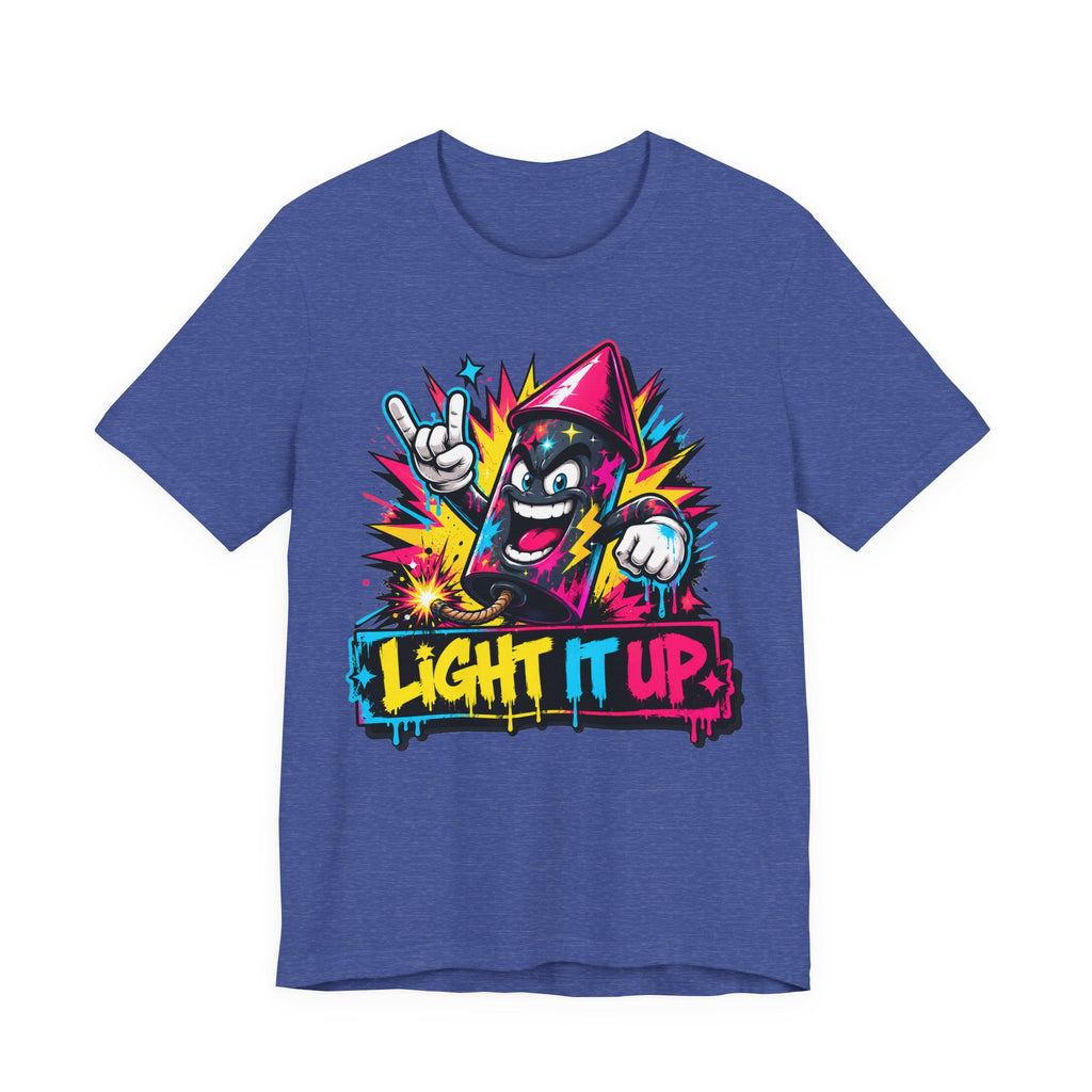 Royal blue T-shirt with colorful graffiti character “Light It Up” graphic on front.