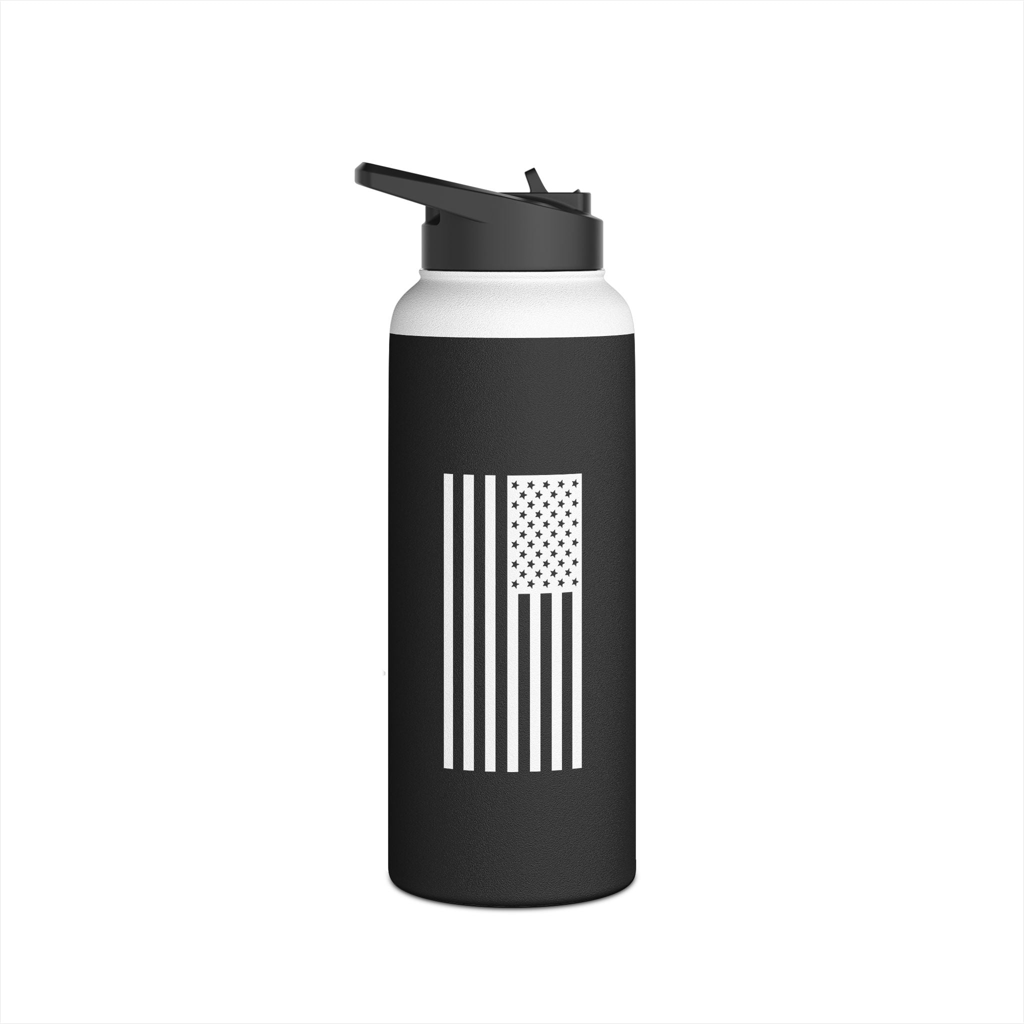 Black stainless steel tumbler with white band and vertical stripe graphic