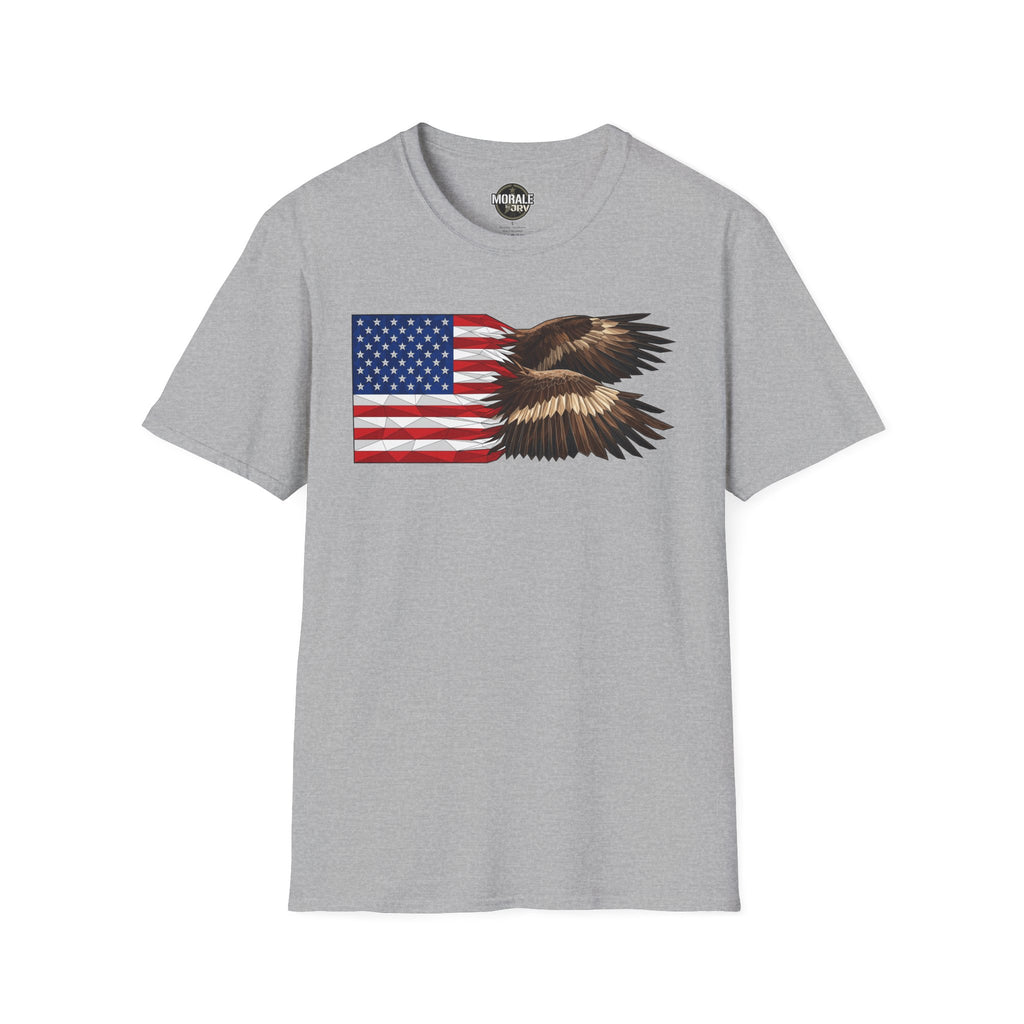 Patriotic eagle flag T-shirt in heather gray with bald eagle wings design