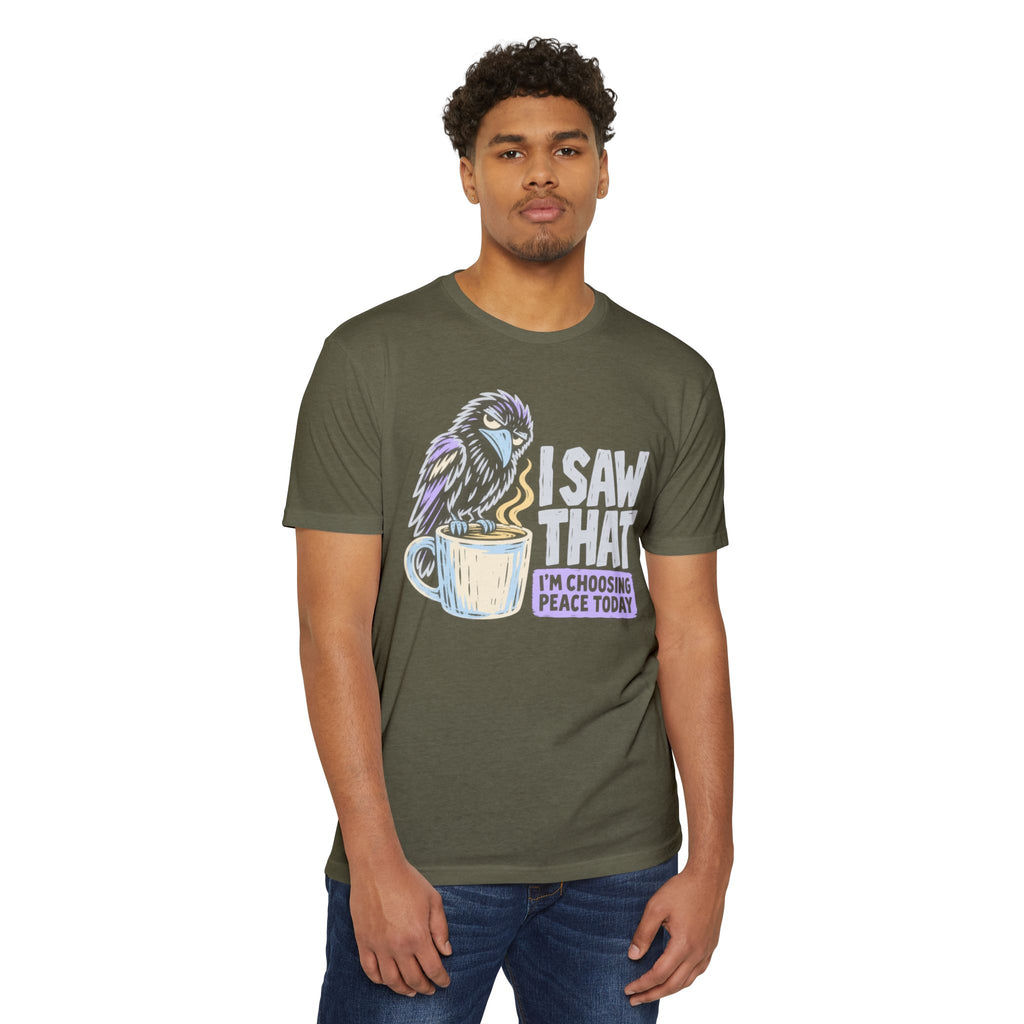 Olive green crewneck t-shirt with raven and coffee cup peace slogan graphic