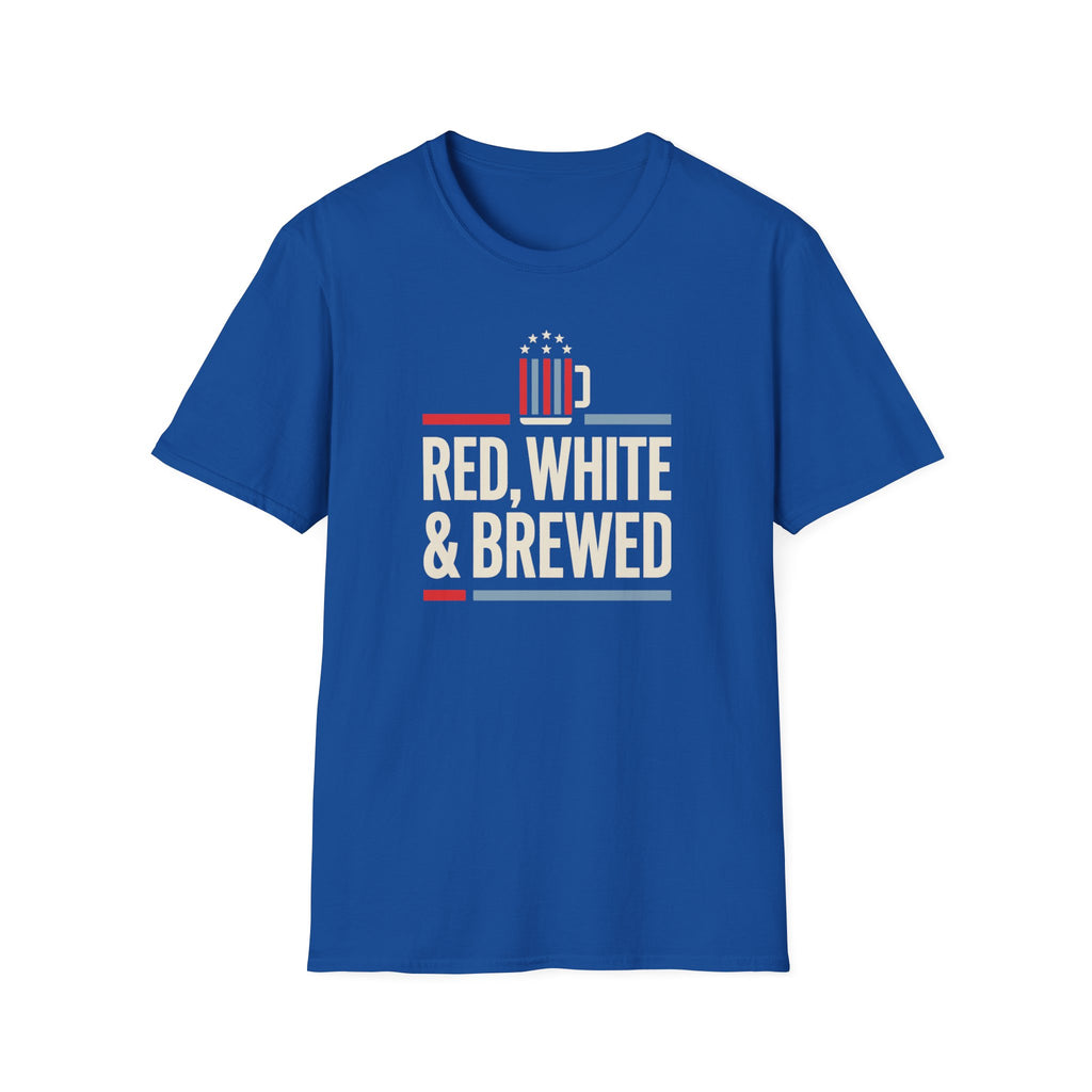 Bright blue T-shirt with "RED, WHITE & BREWED" beer graphic