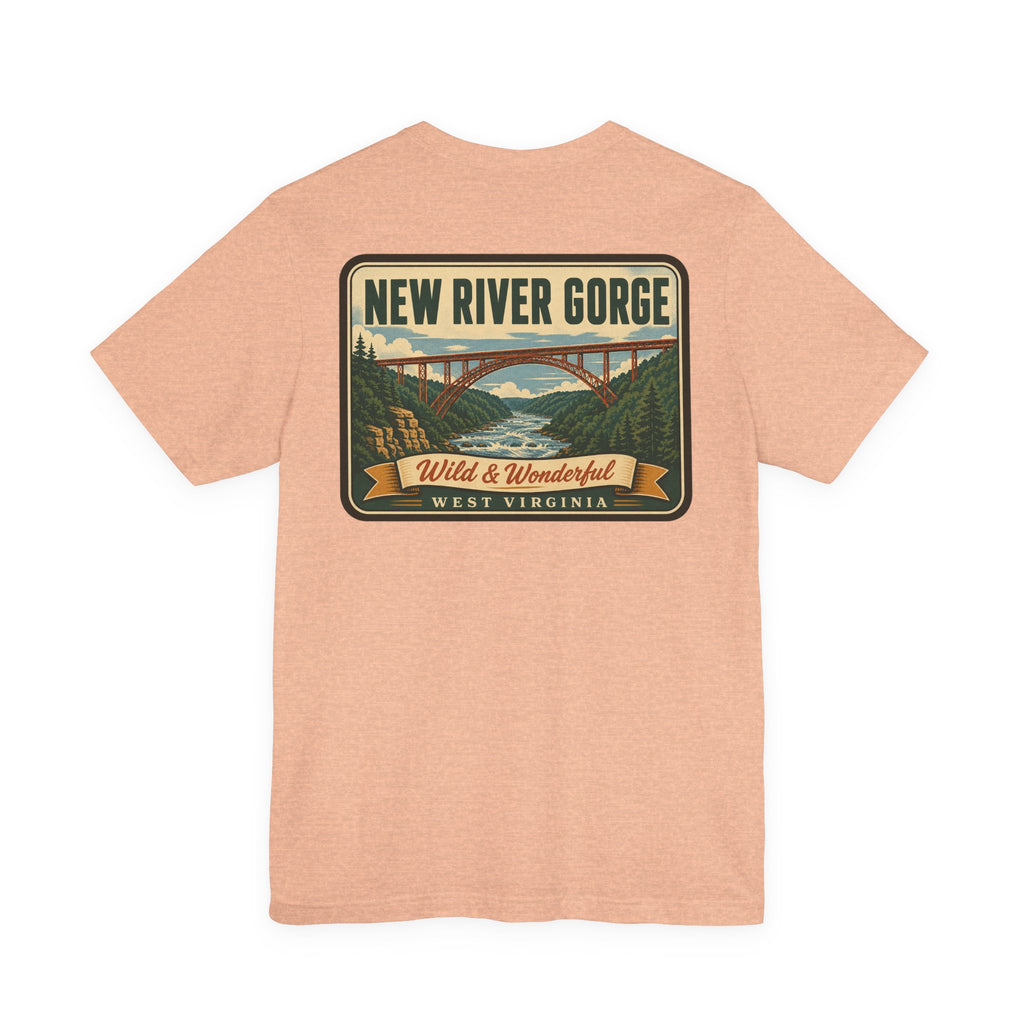 Peach crew-neck t-shirt with "New River Gorge" bridge graphic on back