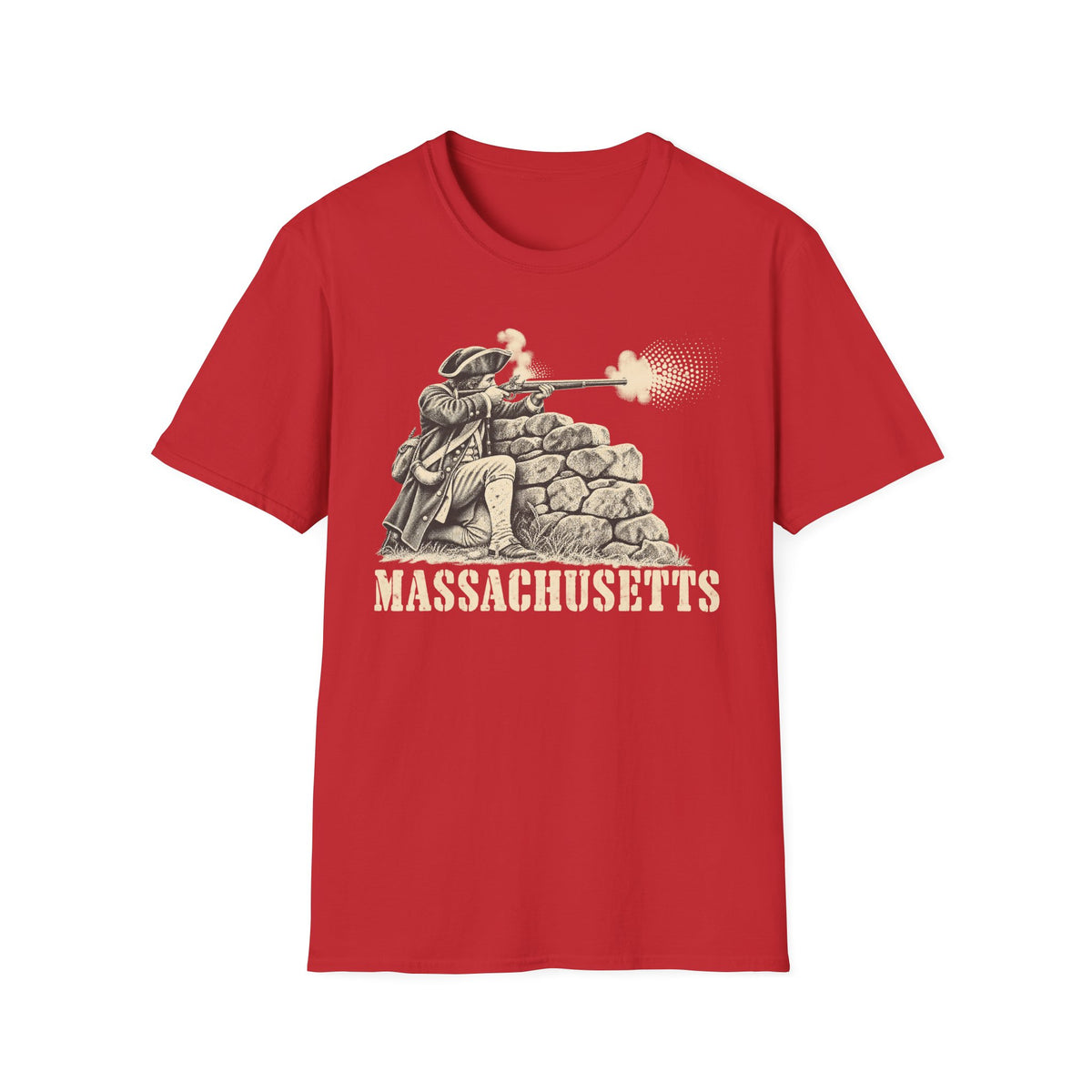 Red T-shirt with colonial patriot graphic behind stone wall and “Massachusetts”