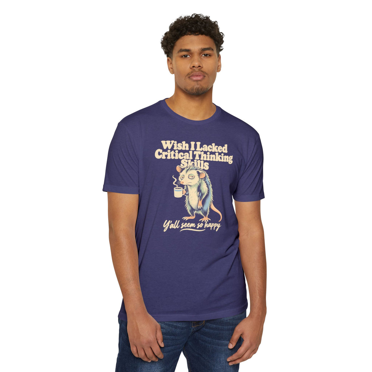 Short-sleeve purple T-shirt with opossum holding coffee and printed slogan