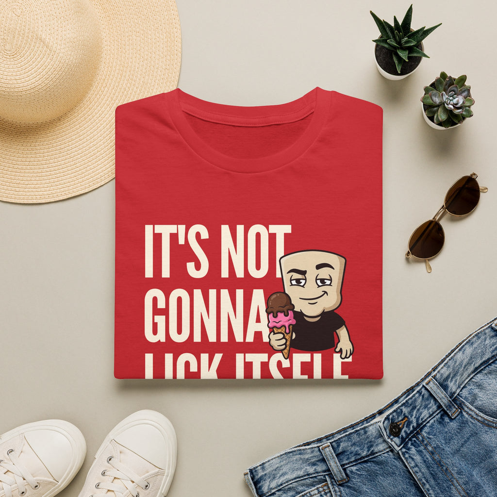 Red T-shirt with 'IT'S NOT GONNA' text and cartoon ice cream character.