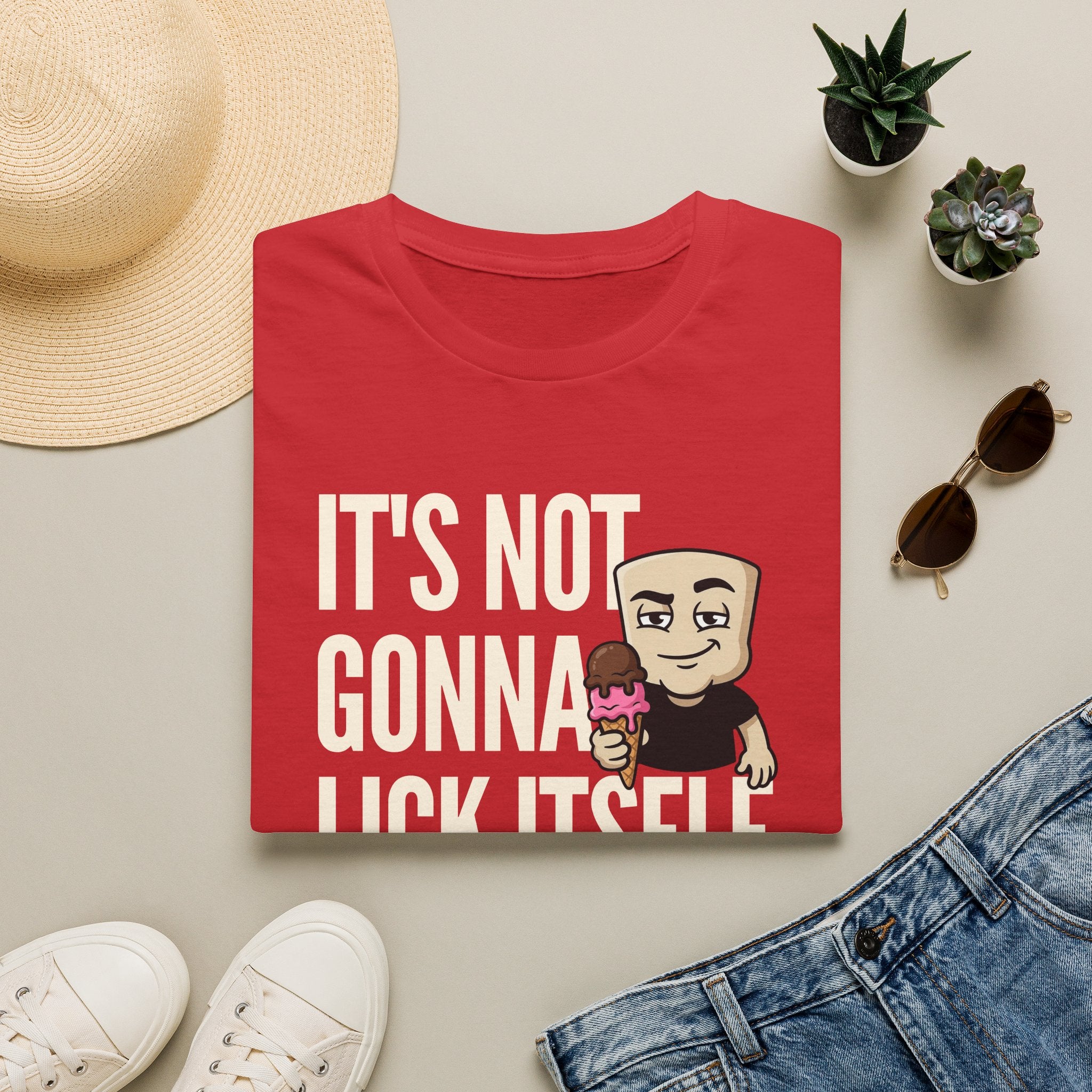Red T-shirt with 'IT'S NOT GONNA' text and cartoon ice cream character.