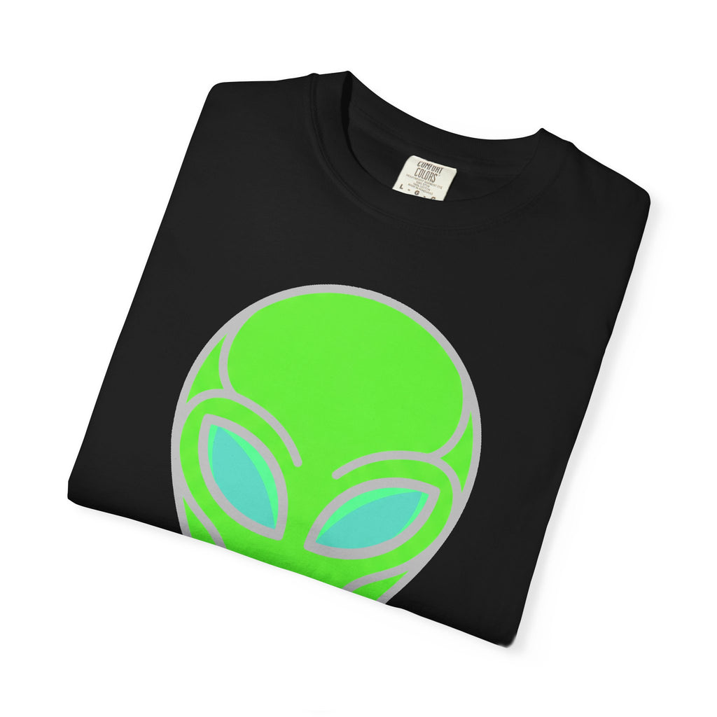 Black alien visitor T-shirt with large neon green alien face graphic