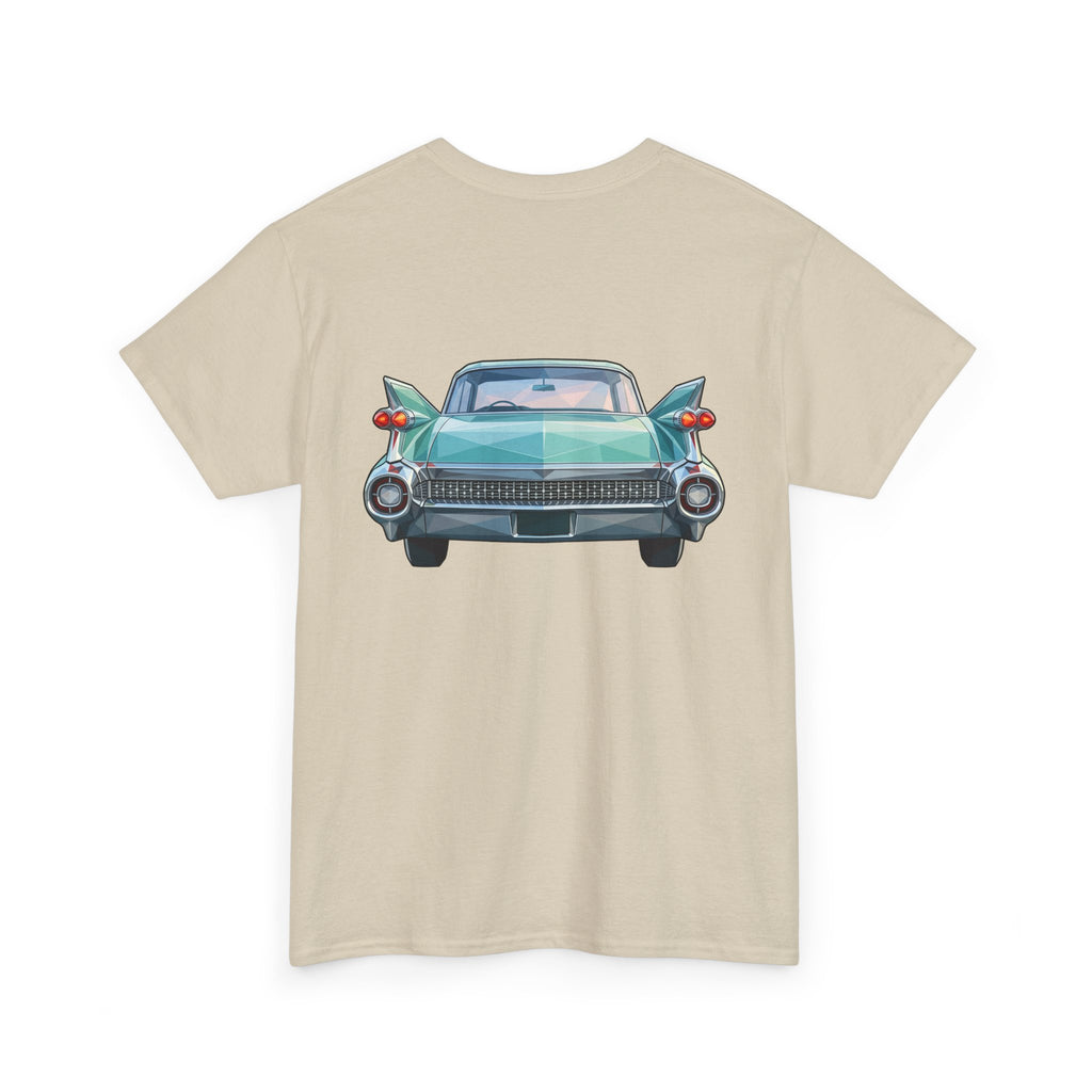 Sand crewneck T-shirt with teal classic car graphic, headlights and grille