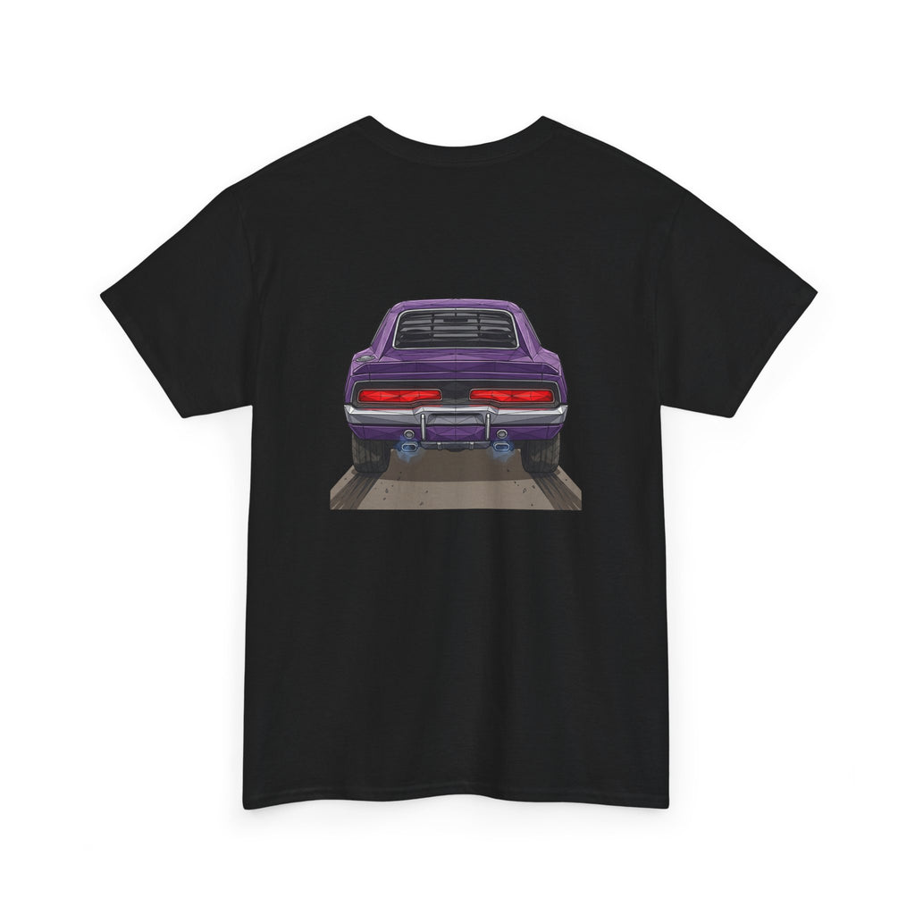 Black T-shirt with purple retro muscle car chest graphic, rear view
