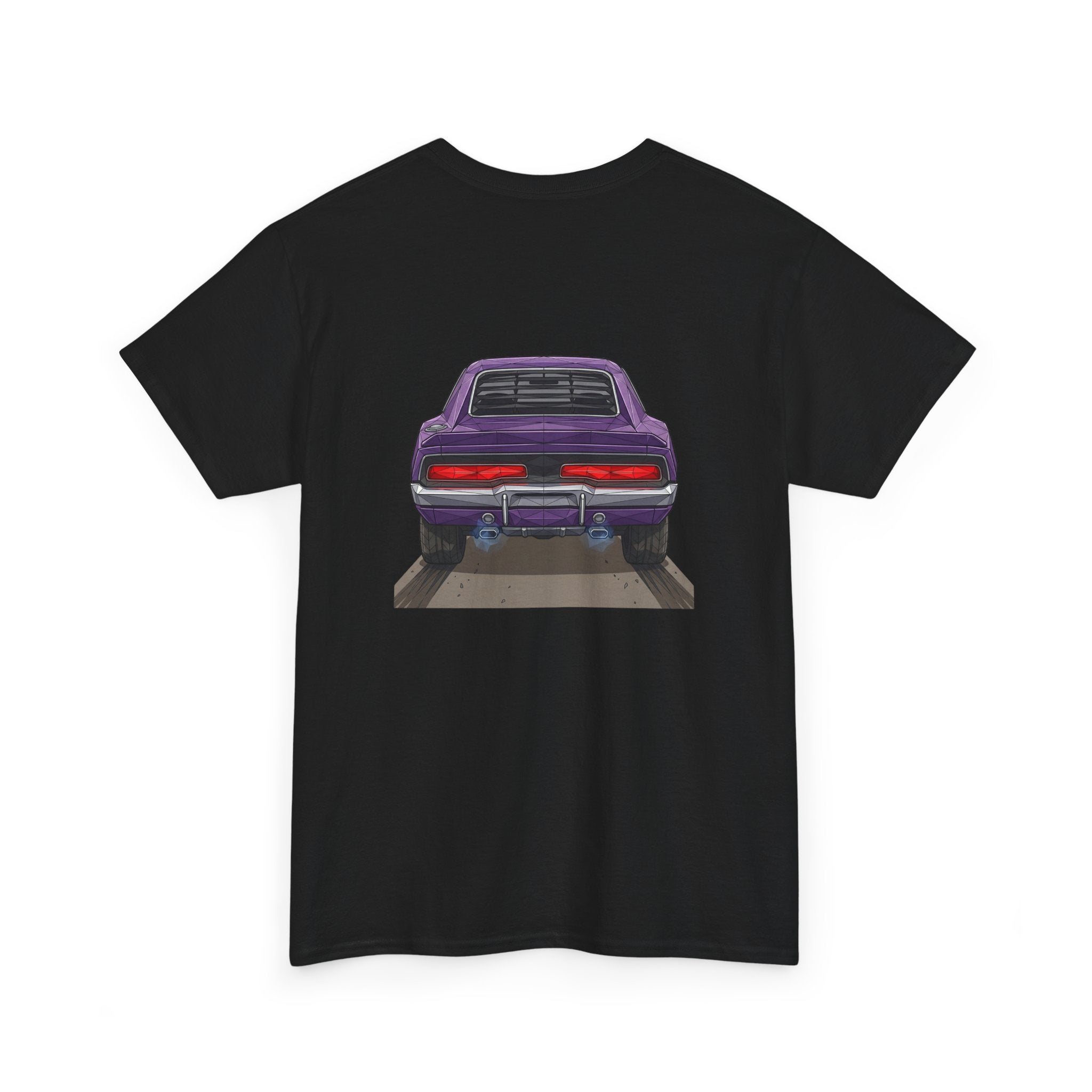 Black T-shirt with purple retro muscle car chest graphic, rear view