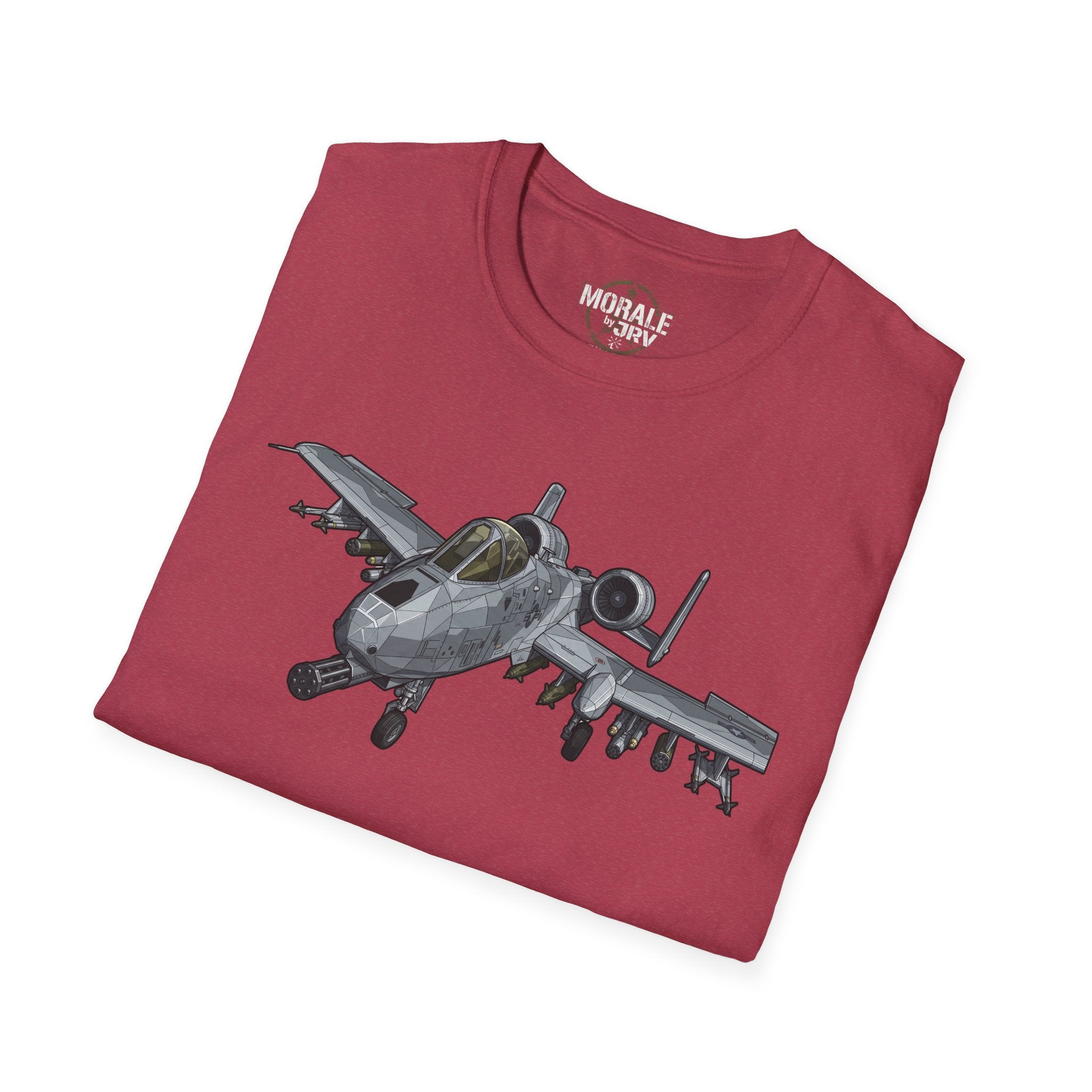 Dark red crewneck T-shirt with large A-10 style attack jet graphic on front