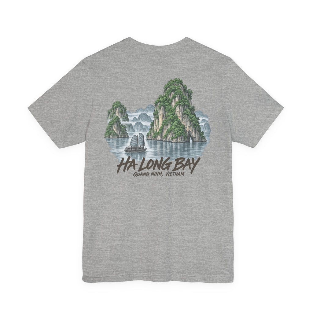 Light heather gray T-shirt featuring Ha Long Bay bay landscape graphic and text