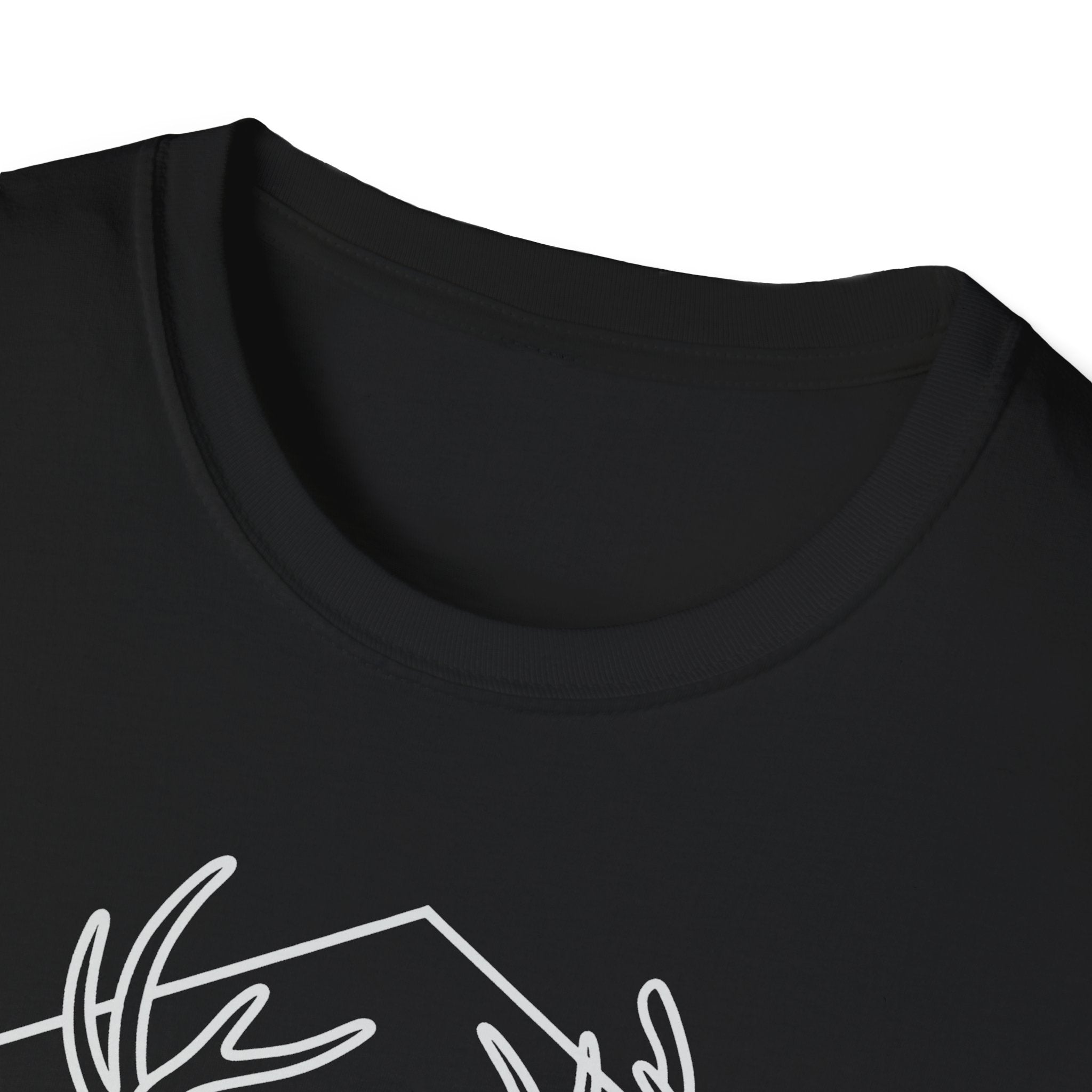 Black crewneck deer t-shirt neckline close-up with partial outlined stag graphic