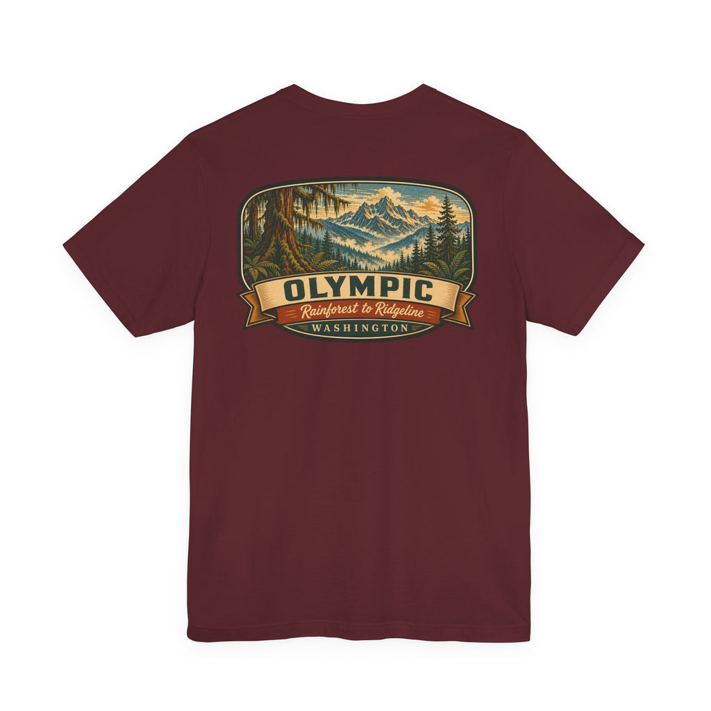 Burgundy crew-neck T-shirt with centered mountain badge and banner graphic