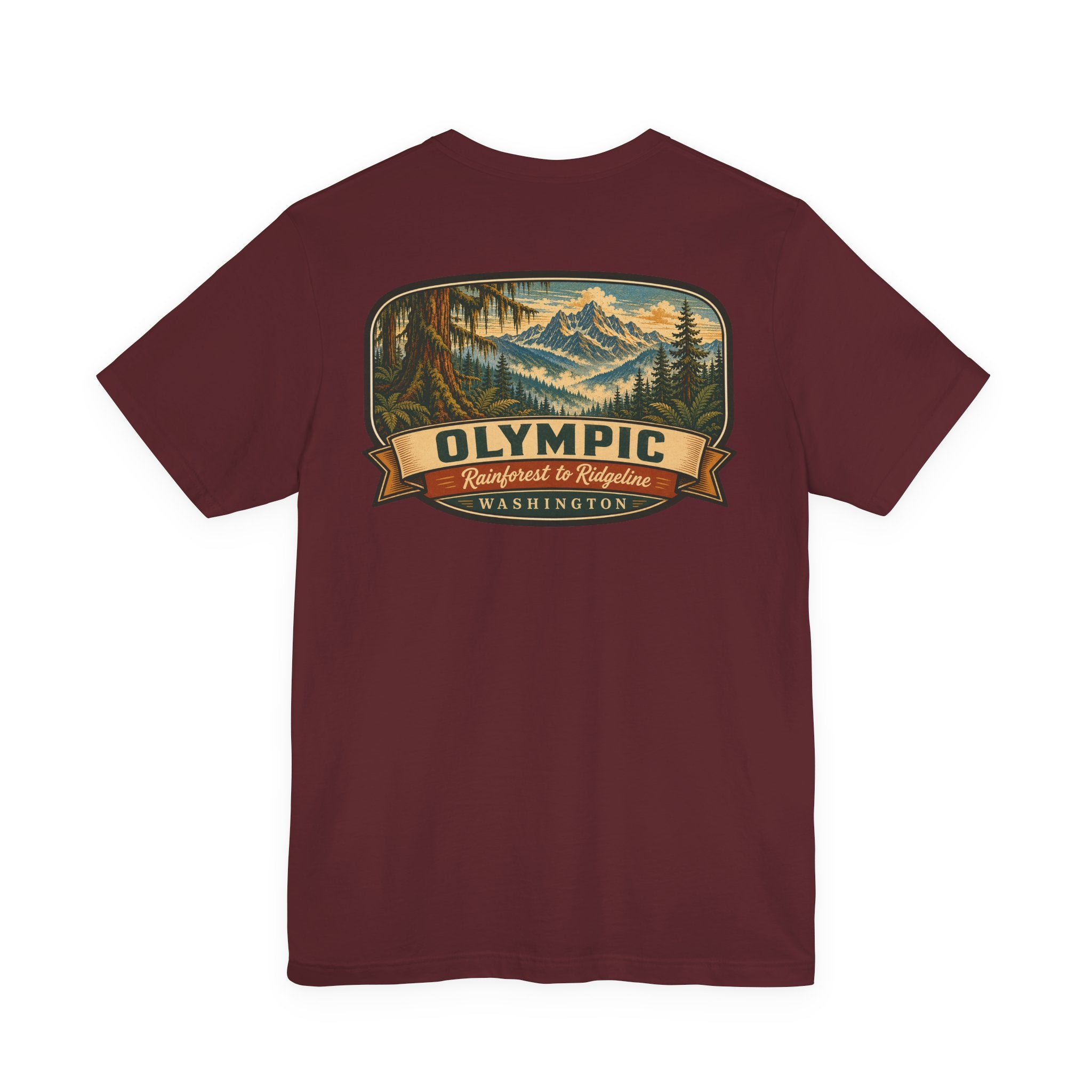 Burgundy crew-neck T-shirt with centered mountain badge and banner graphic
