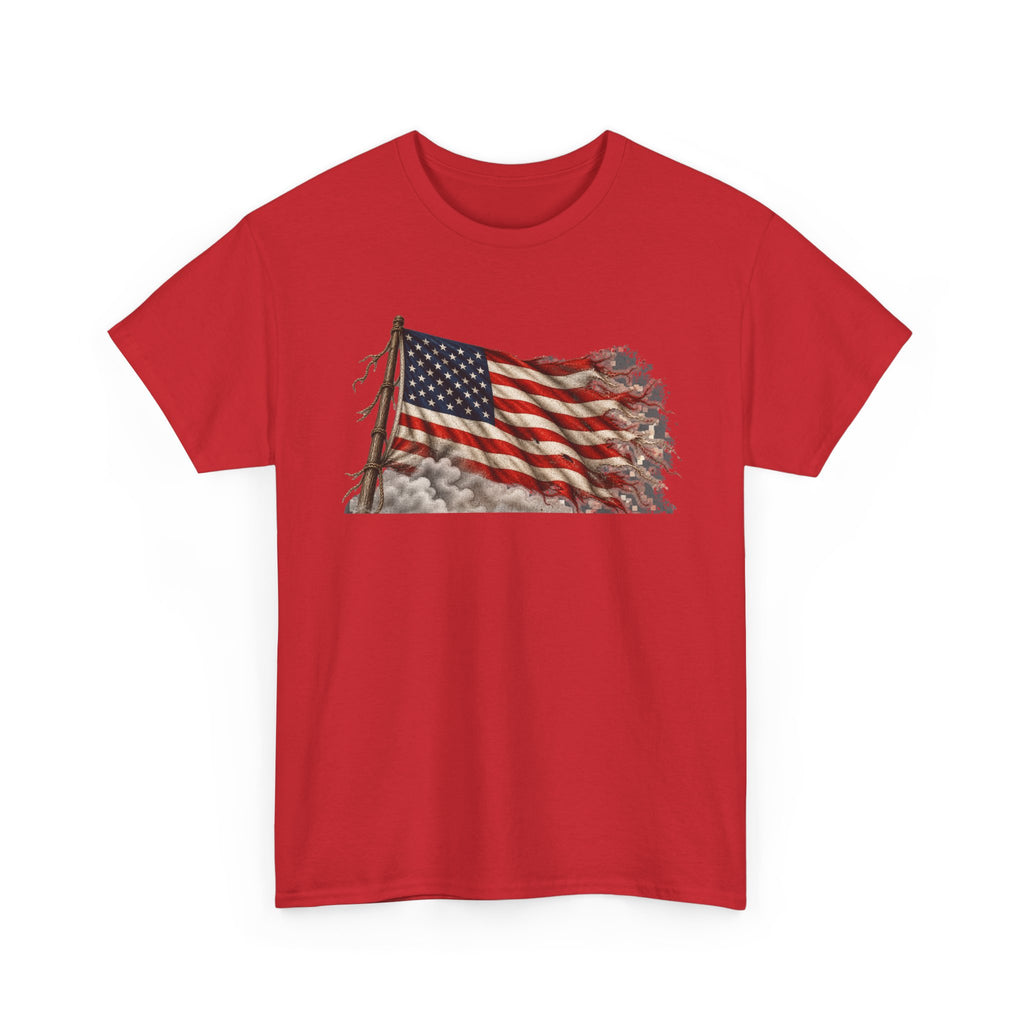 Red short-sleeve crewneck T-shirt with weathered waving American flag graphic