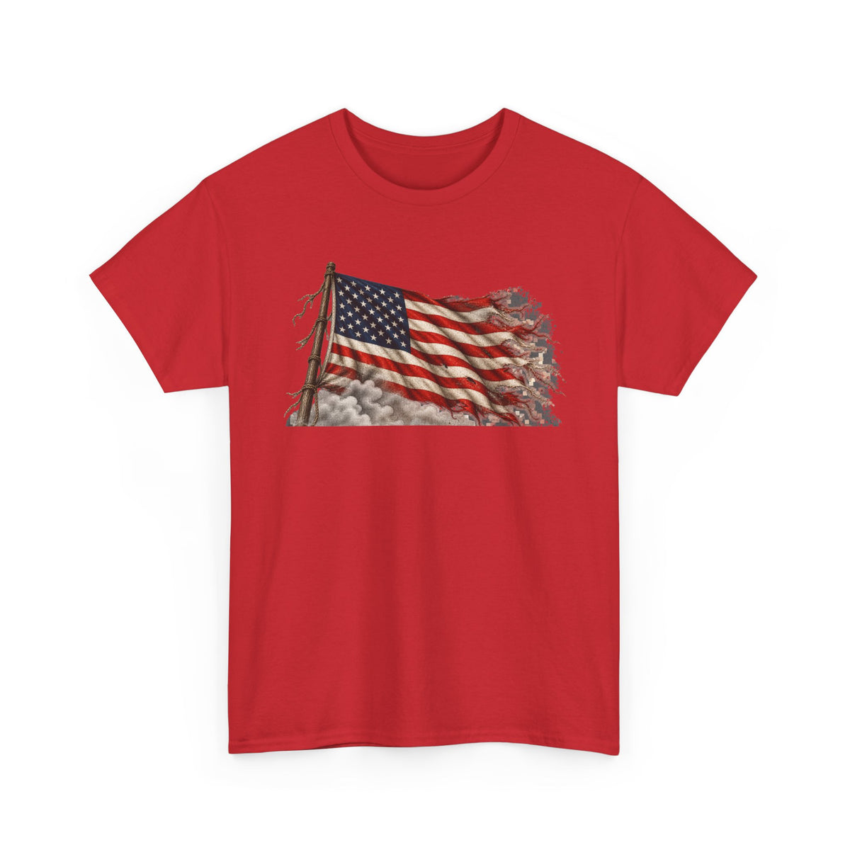 Red short-sleeve crewneck T-shirt with weathered waving American flag graphic