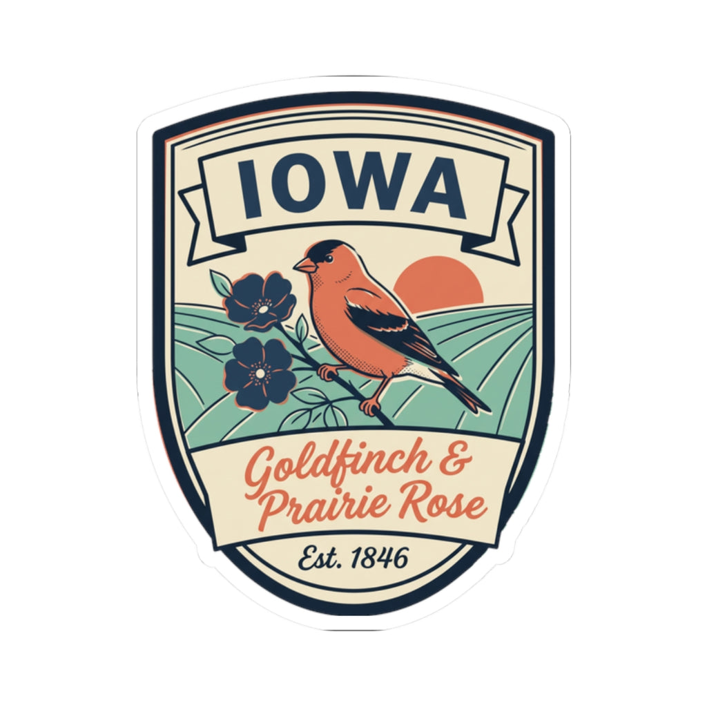 Round-edged Iowa badge decal with goldfinch illustration and prairie rose flowers
