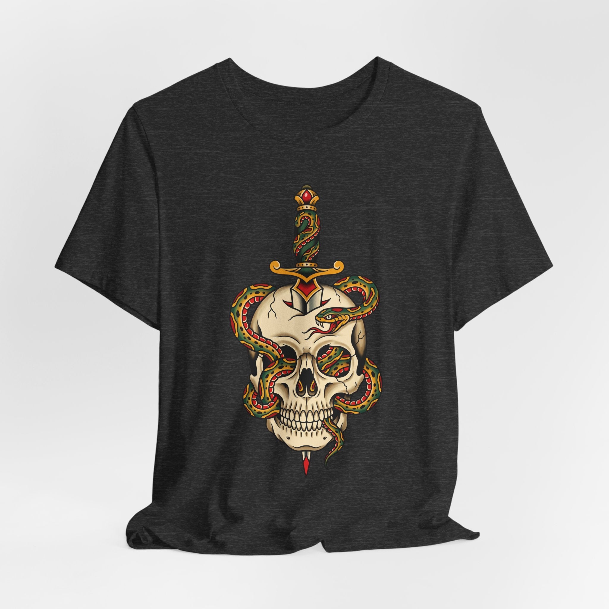 Dark heather t-shirt with centered snake-skull and dagger illustration on chest