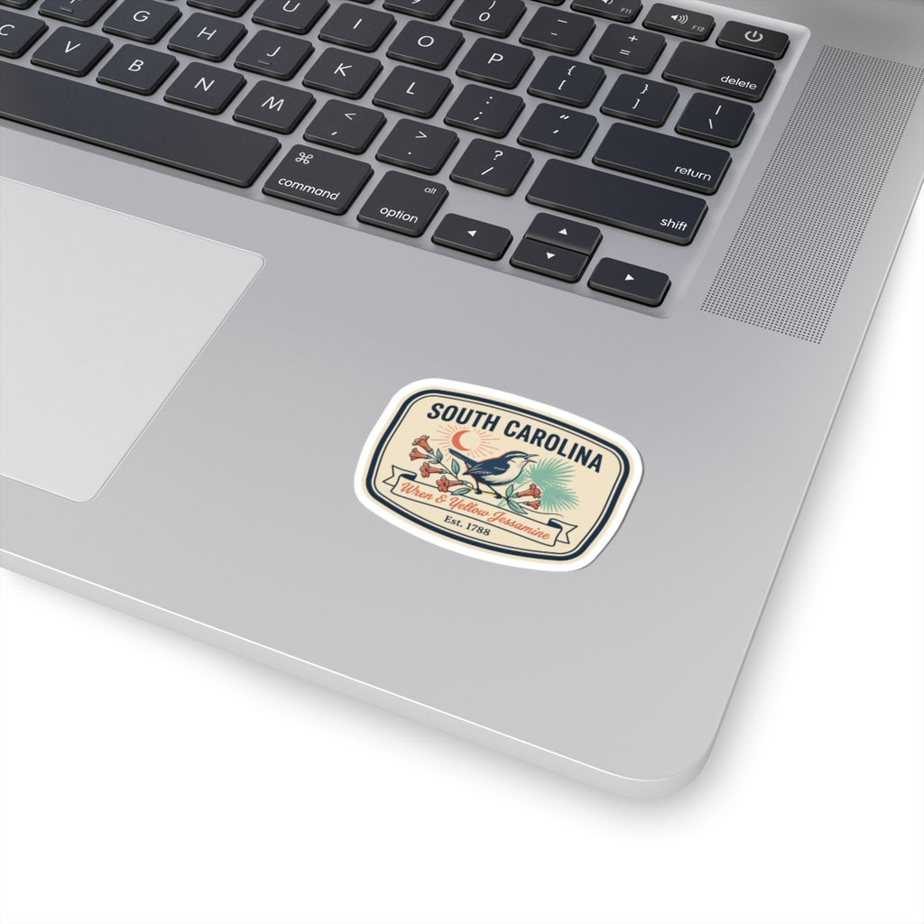 South Carolina state badge kiss-cut vinyl sticker, wren and yellow jasmine illustration