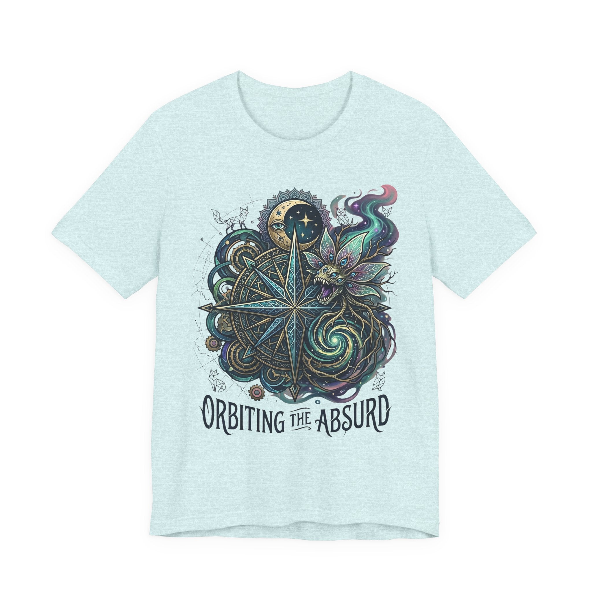 Light aqua unisex T-shirt with celestial compass, owl graphic, and “Orbiting the Absurd” lettering