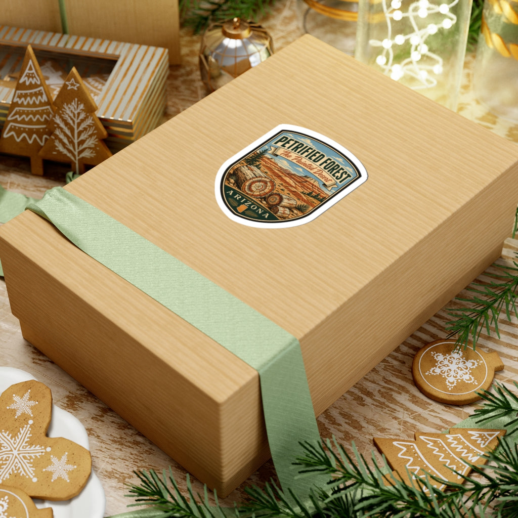 Petrified Forest travel sticker on a gift box, shield badge with Painted Desert and Arizona