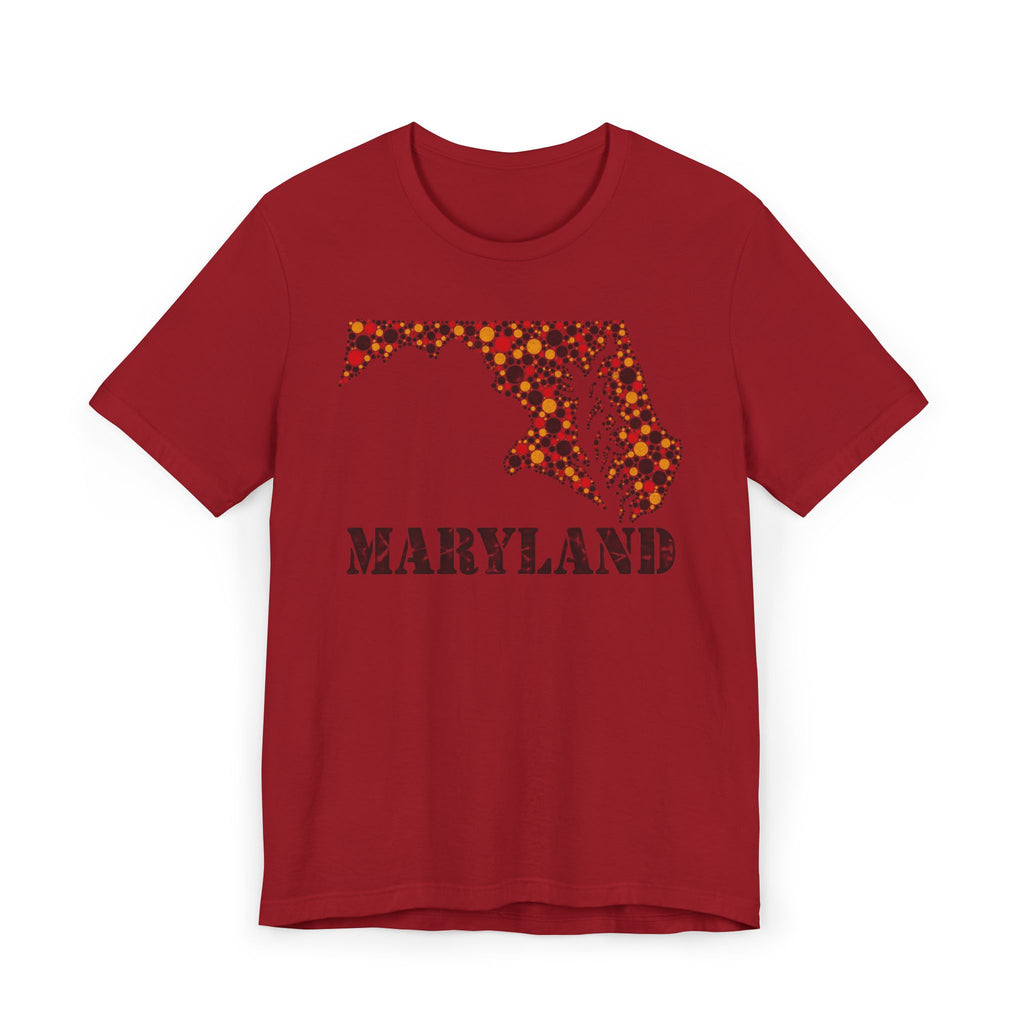 Red crew-neck T-shirt with dotted floral Maryland map graphic and “Maryland” text print