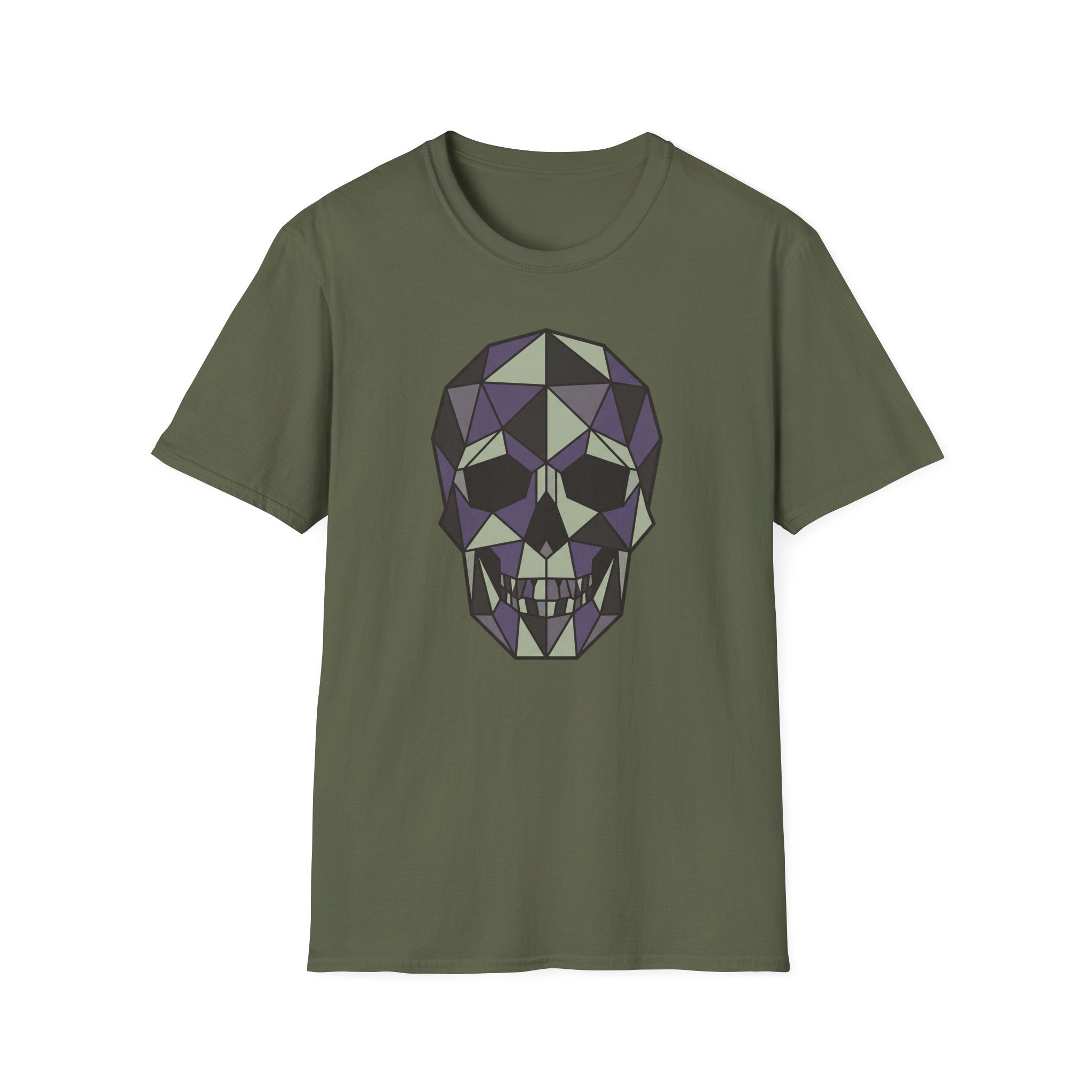 Dark green T-shirt with purple geometric skull graphic on front