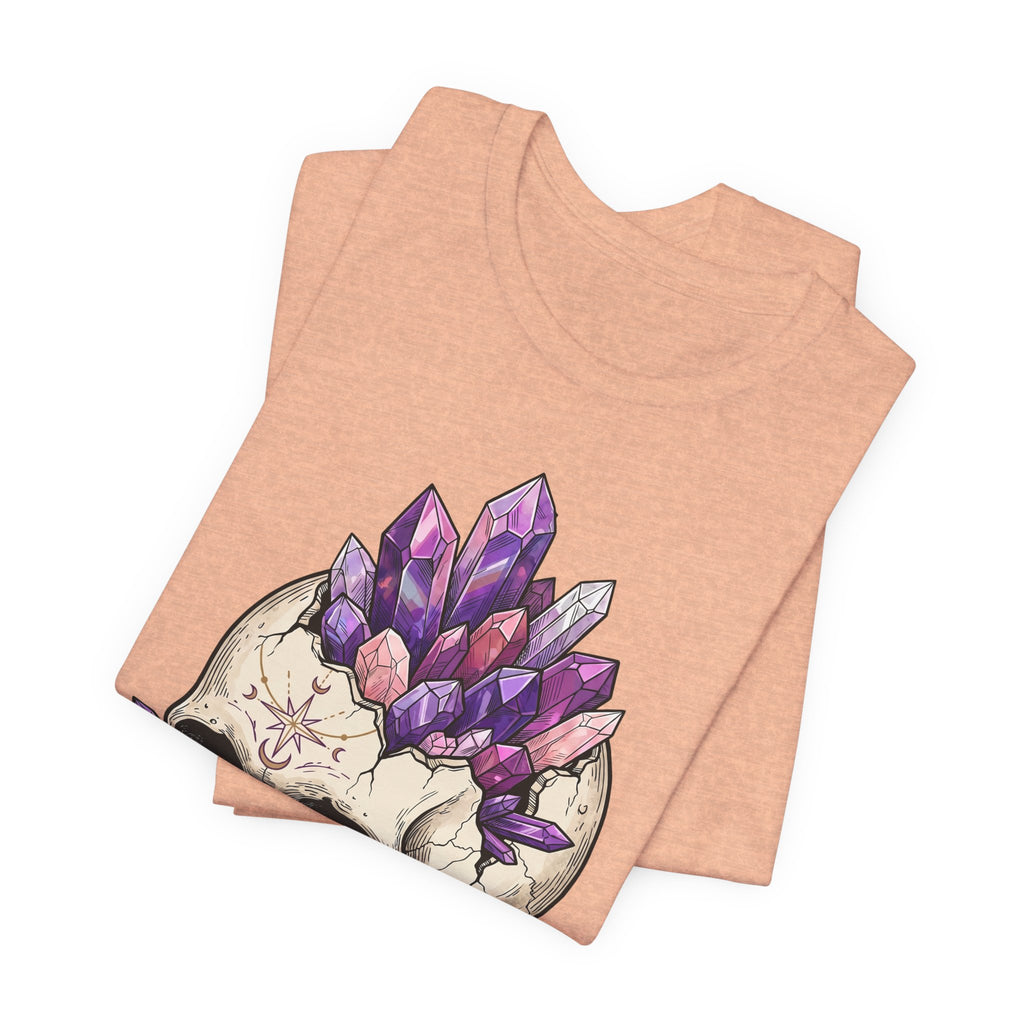 Amethyst crystal skull T-shirt in heather peach, purple crystal skull front print