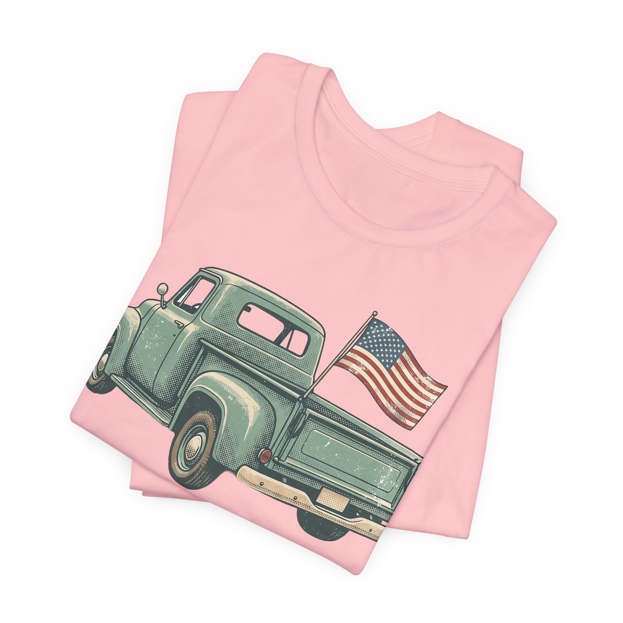 Light pink T-shirt with vintage green pickup truck and American flag graphic
