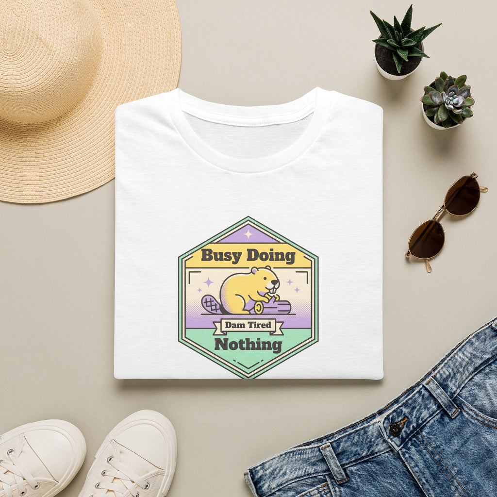 White crew-neck T-shirt with hex sloth graphic: Busy Doing Nothing