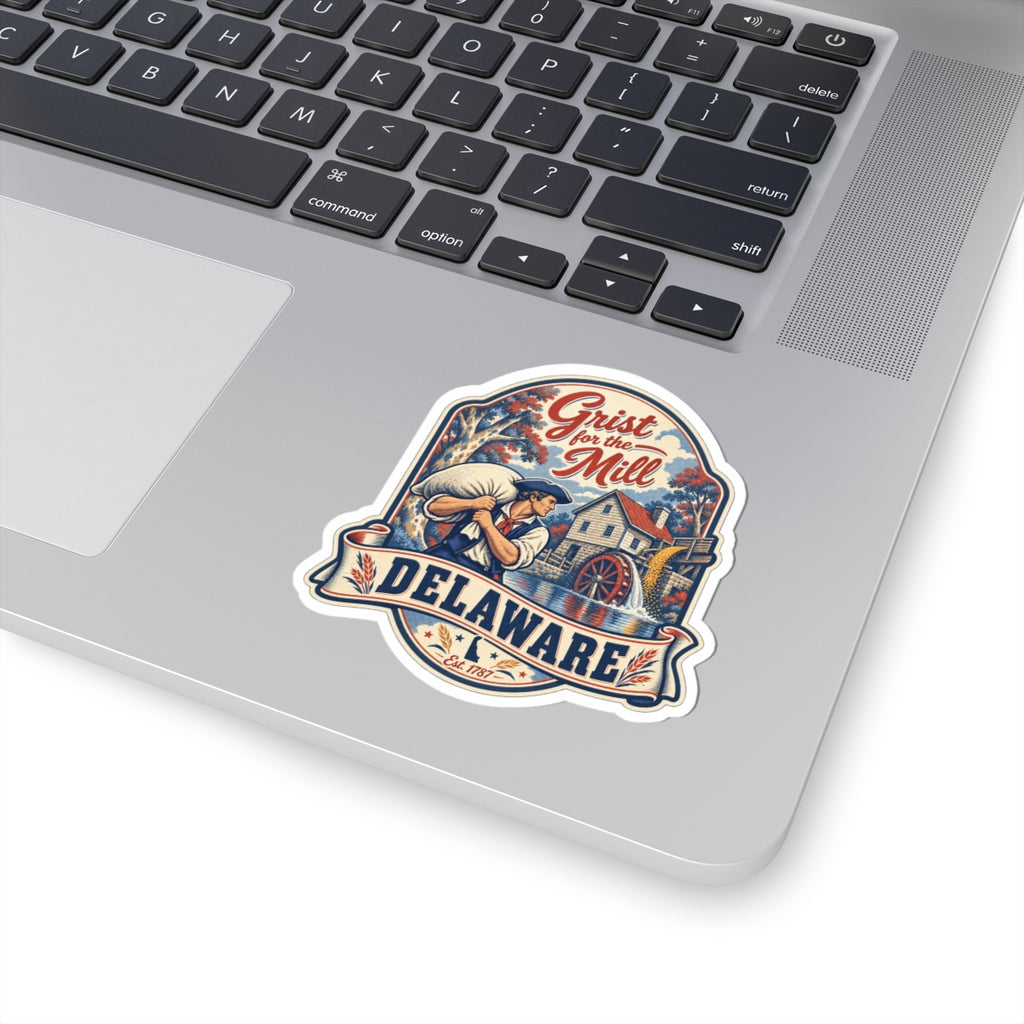 Delaware sticker on laptop lid: vintage Grist for the Mill artwork with DELAWARE banner