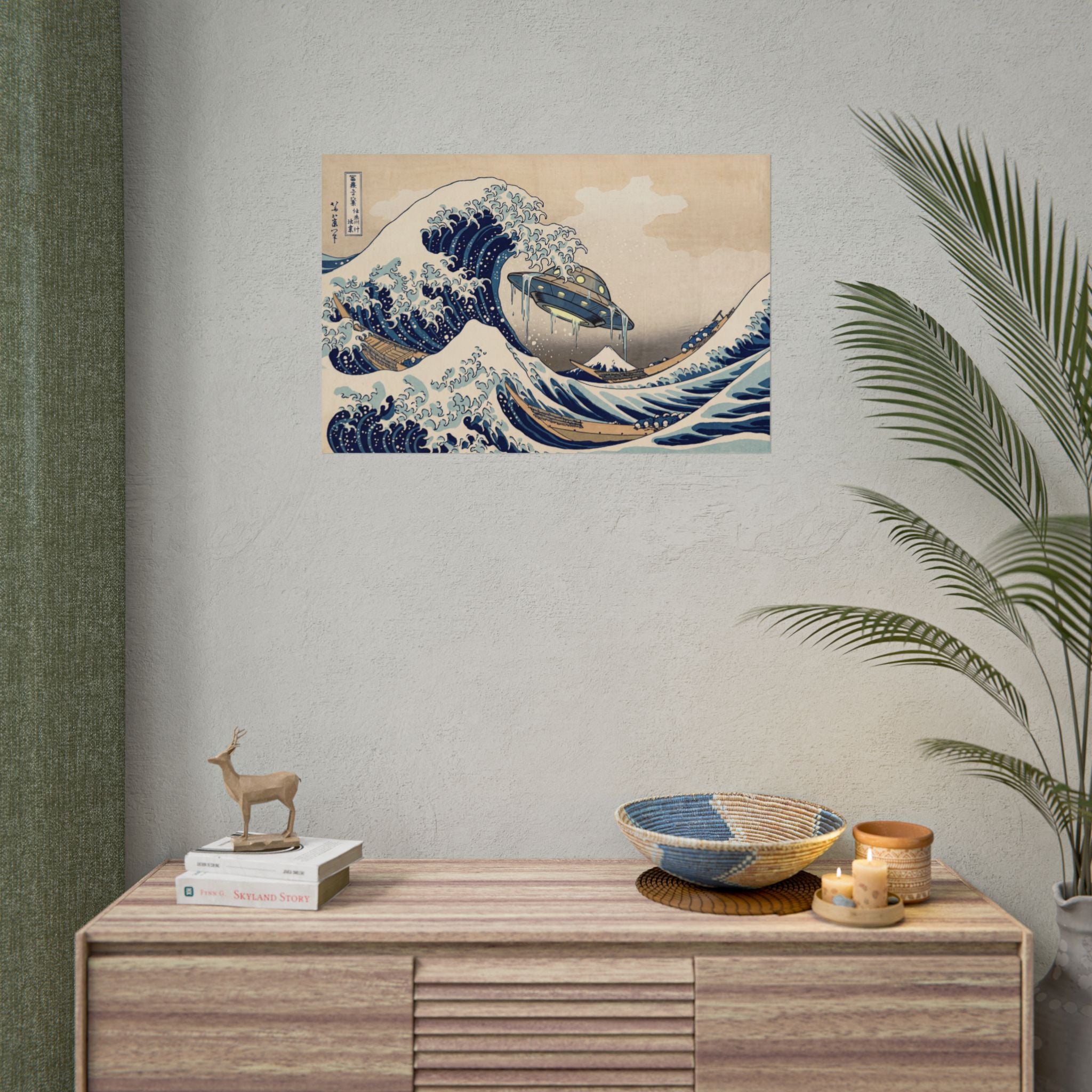 Vintage Japanese wave art poster with blue ocean and UFO craft over crashing waves