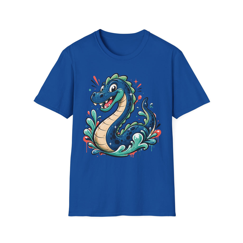 Royal blue sea serpent graphic T-shirt, short sleeves, crew neck
