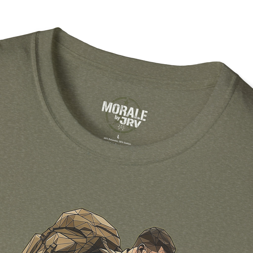Military green T-Shirt close-up of neck label and small chest emblem