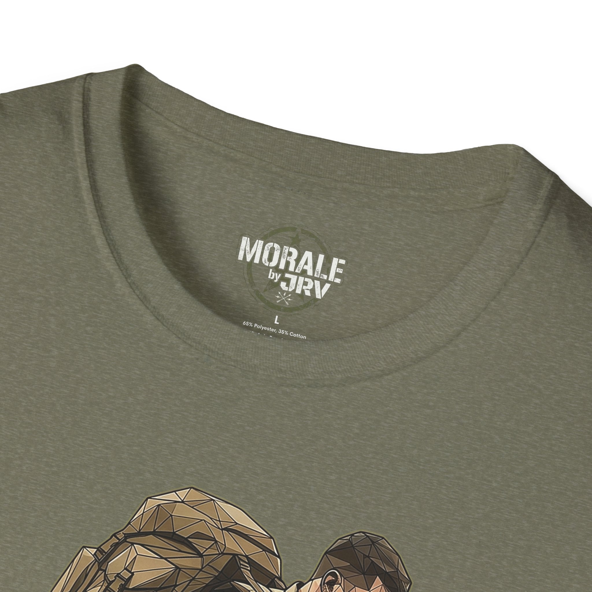 Military green T-Shirt close-up of neck label and small chest emblem
