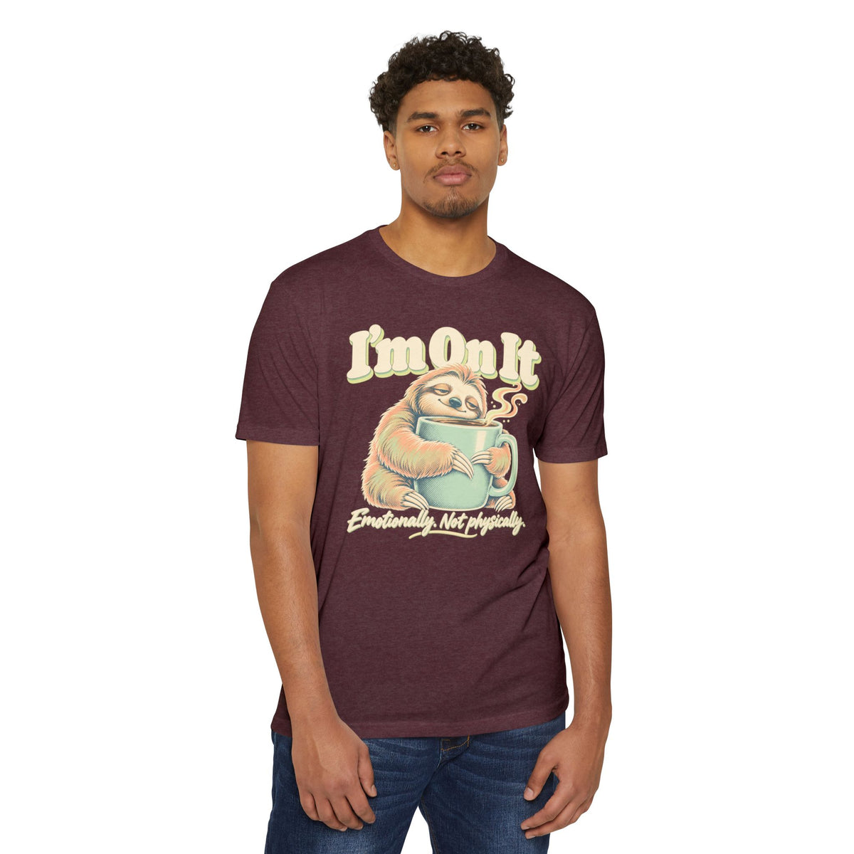 Maroon crewneck T-shirt with sloth holding a coffee mug graphic