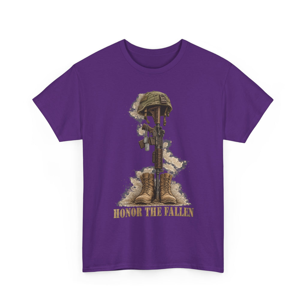 Violet crew-neck T-shirt with fallen soldier helmet, rifle, boots graphic and “HONOR THE FALLEN”