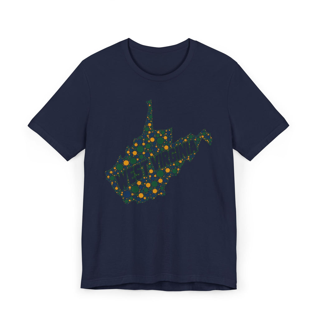 Navy T-shirt with dotted West Virginia map and “WEST VIRGINIA” text graphic
