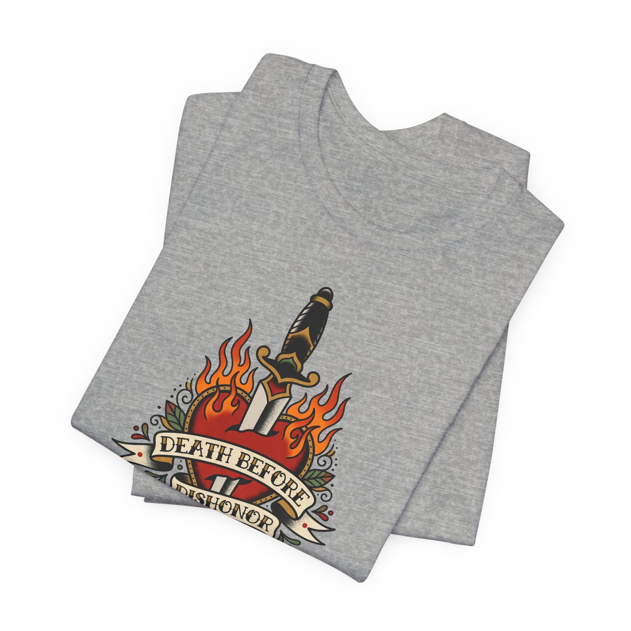 Heather gray T-shirt with flame dagger chest graphic
