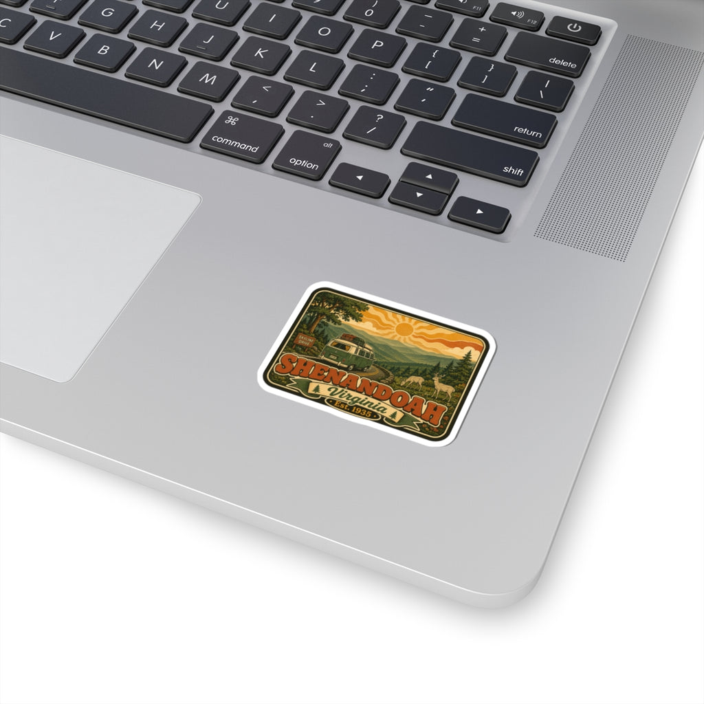 Rectangular kiss-cut sticker with Shenandoah National Park vintage camper van design