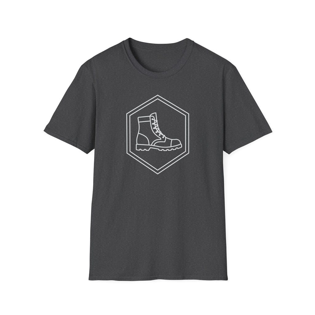 Dark heather gray T-shirt with a diamond emblem and boot illustration on the front.
