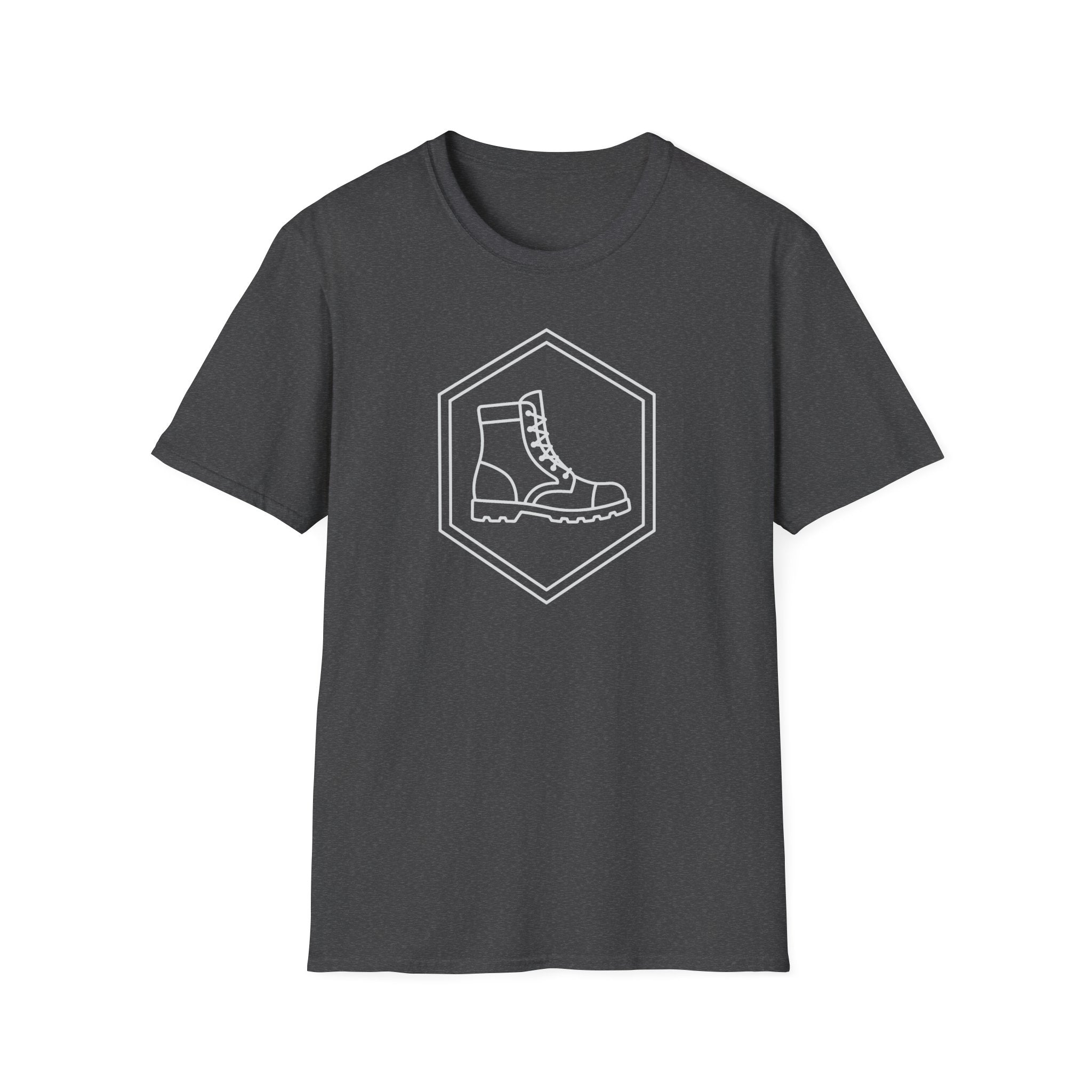 Dark heather gray T-shirt with a diamond emblem and boot illustration on the front.