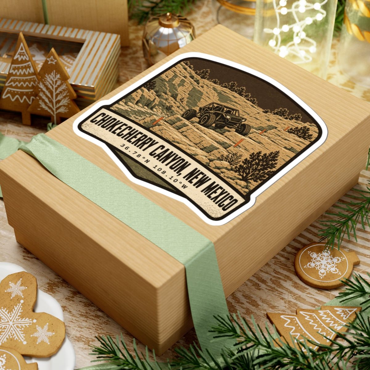 Die-cut sticker with desert canyon off-road vehicle graphic and 'Chokecherry Canyon, New Mexico' label