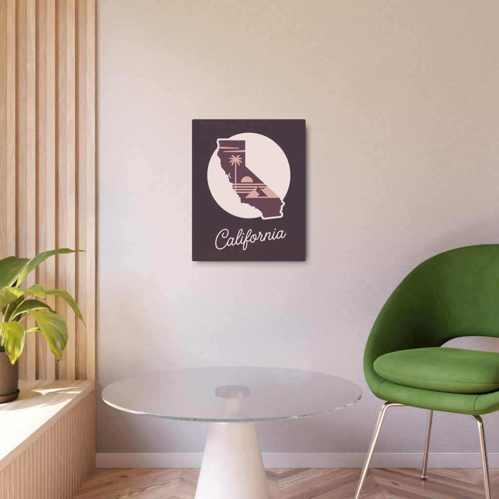 Small mauve California metal wall art square with circular palm tree silhouette and "California" script.