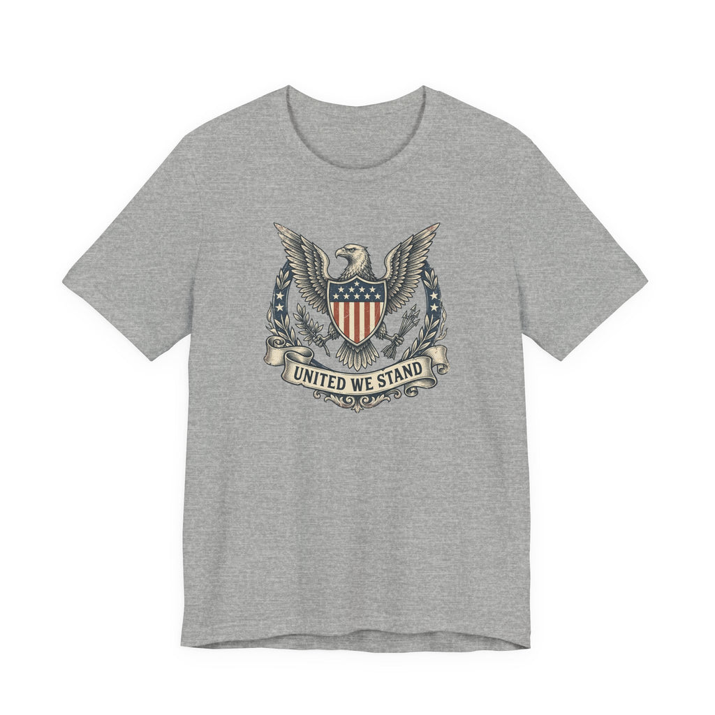 Gray T-shirt with eagle shield crest graphic and "United We Stand" text