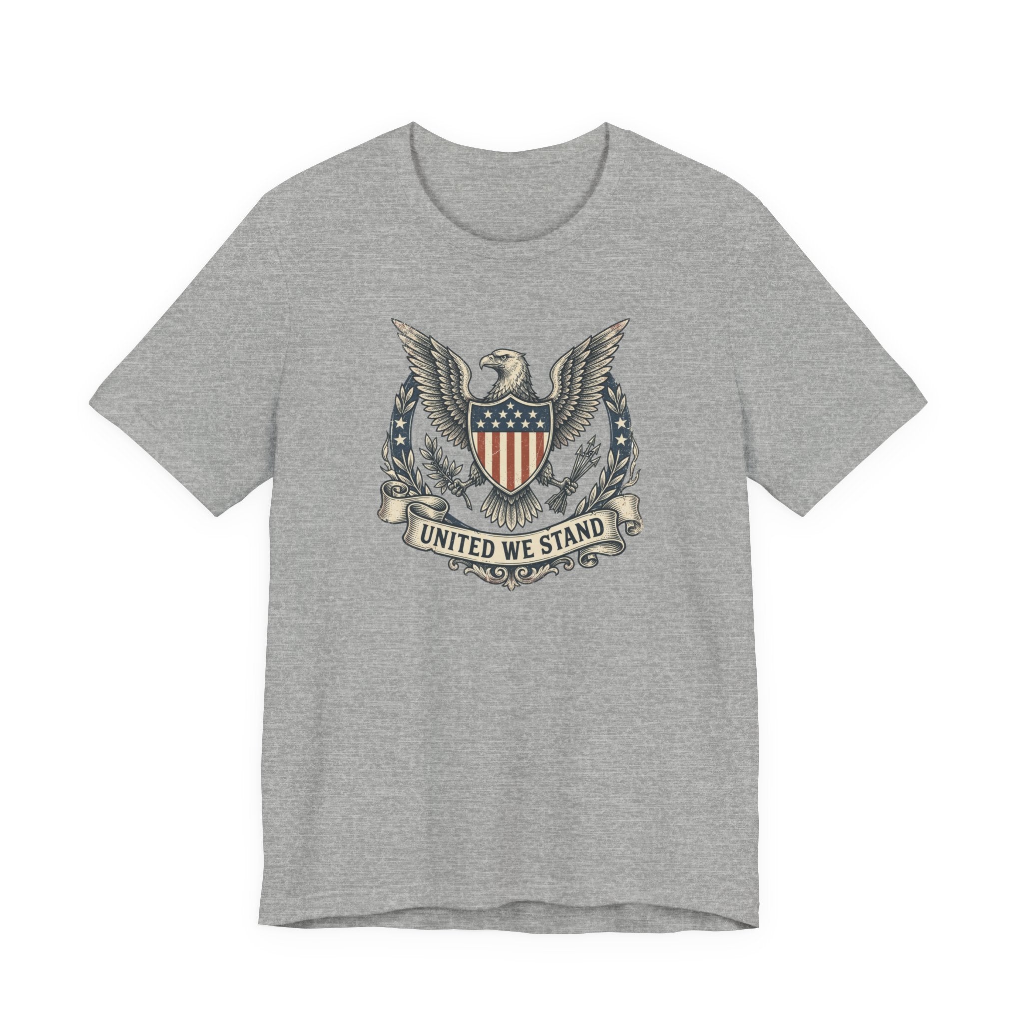 Gray T-shirt with eagle shield crest graphic and "United We Stand" text