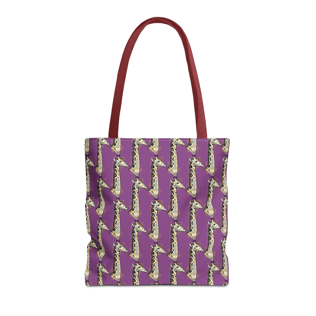 Saxophone tote bag with purple pattern and red handles