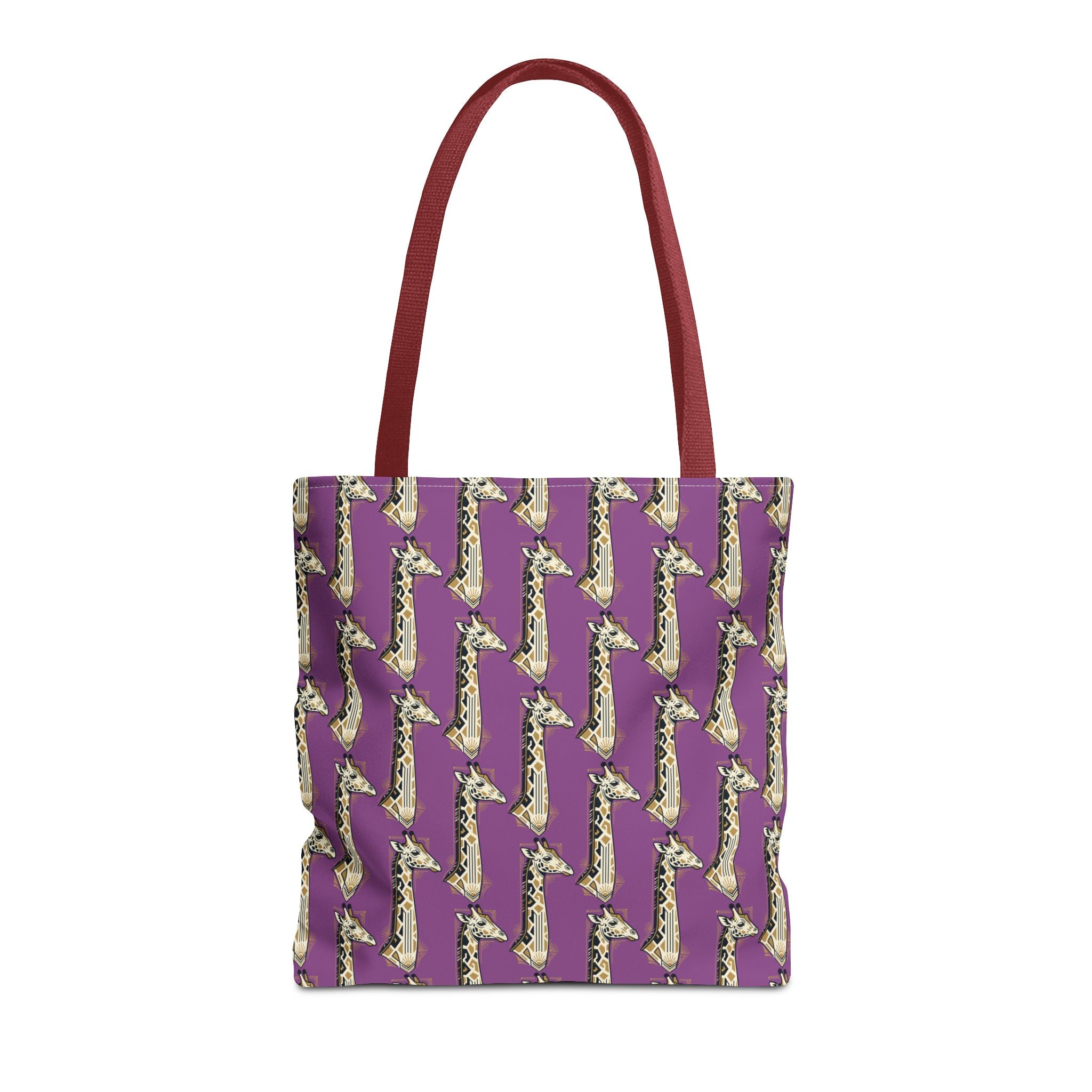 Saxophone tote bag with purple pattern and red handles