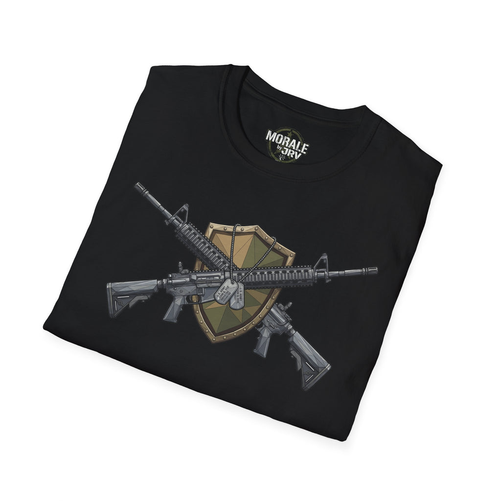 Black crewneck T-shirt with rifle-and-shield graphic across the chest